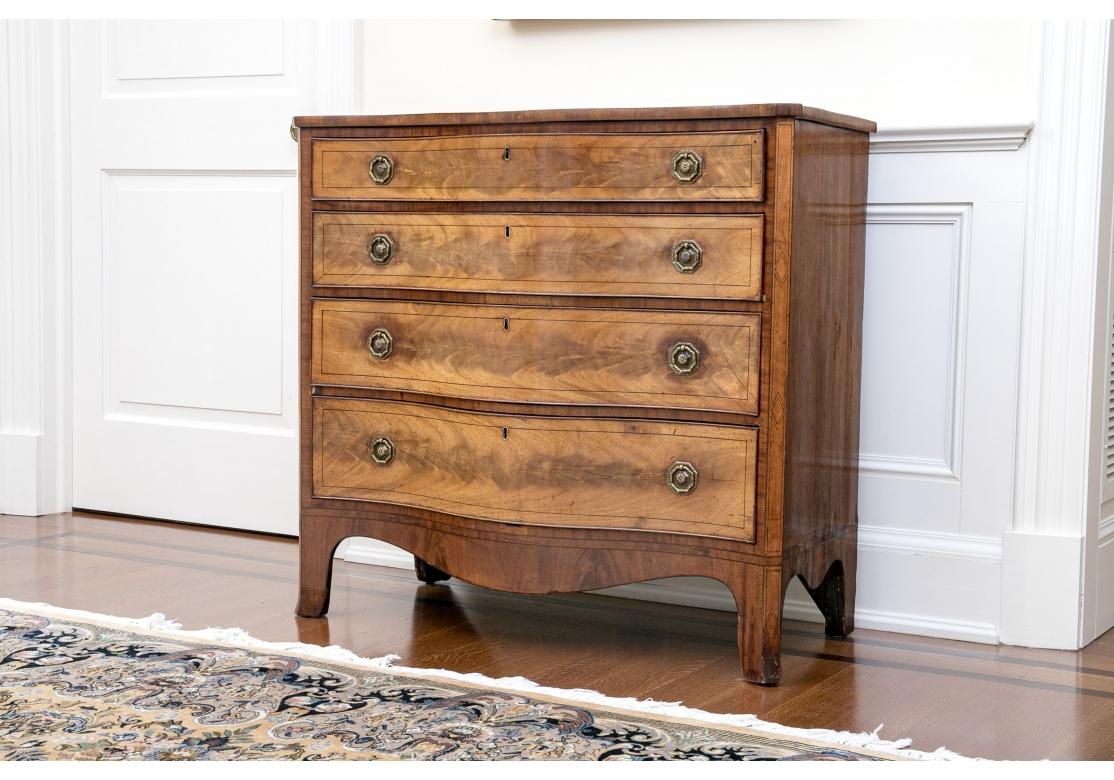 An Elegantly proportioned and fine Antique Serpentine Chest with contrasting wood in lighter and darker tones between the frame and drawers.  The four Lie-Inlaid drawers with handsome grain, dove-tail construction, an Oak center support bar and