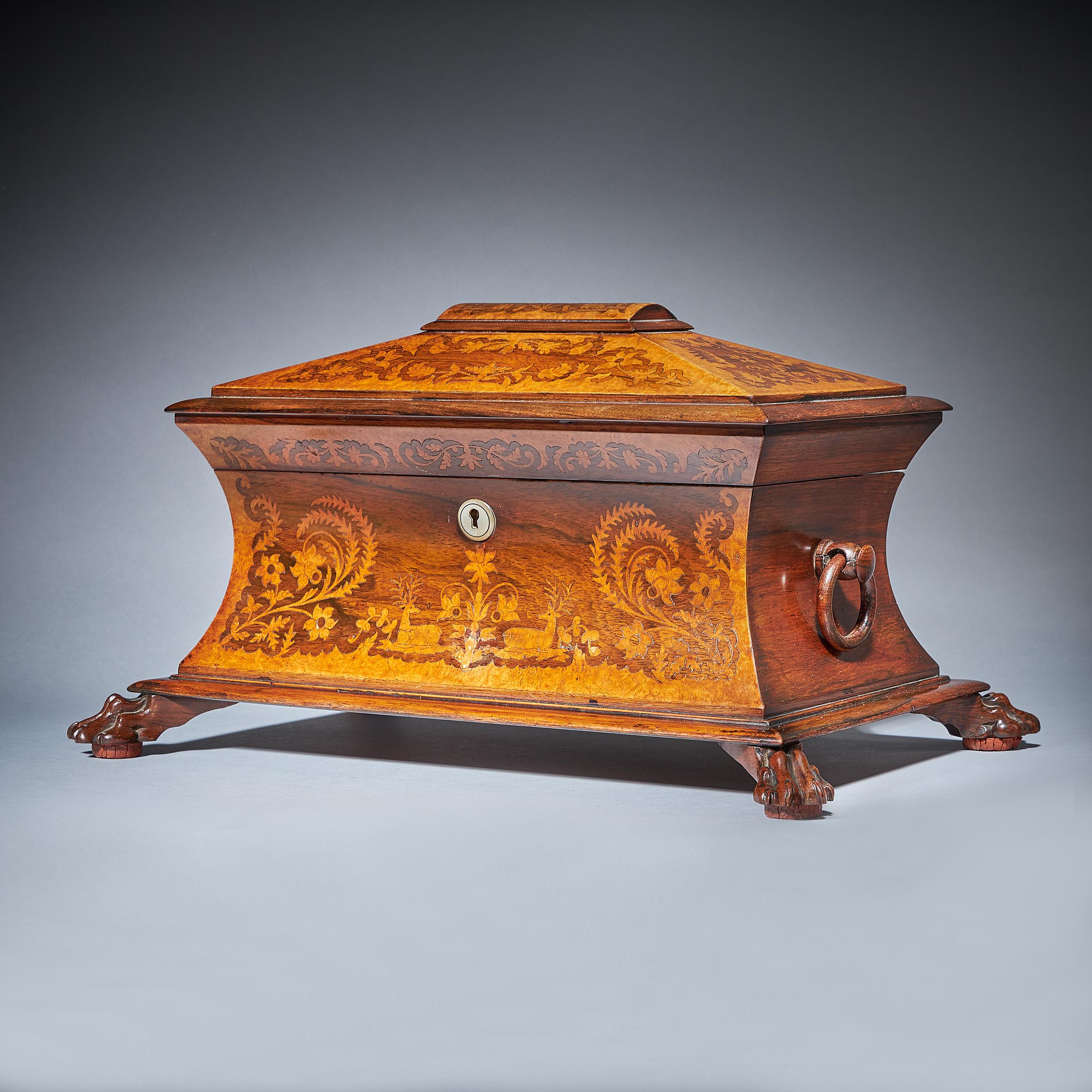 English Fine George iv Regency Sarcophagus Rosewood Amboyna Marquetry Tea Caddy