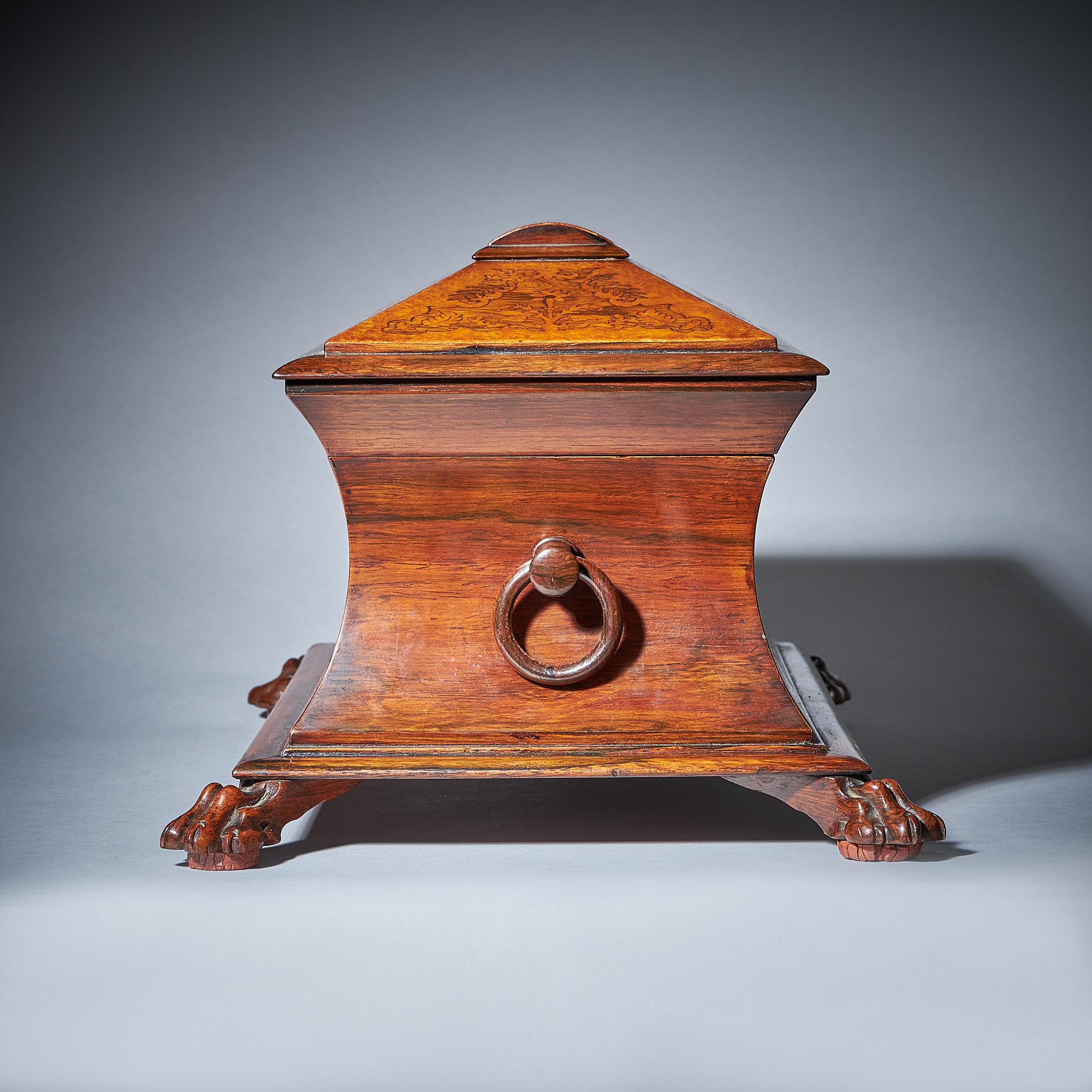 Fine George iv Regency Sarcophagus Rosewood Amboyna Marquetry Tea Caddy In Good Condition In Oxfordshire, United Kingdom