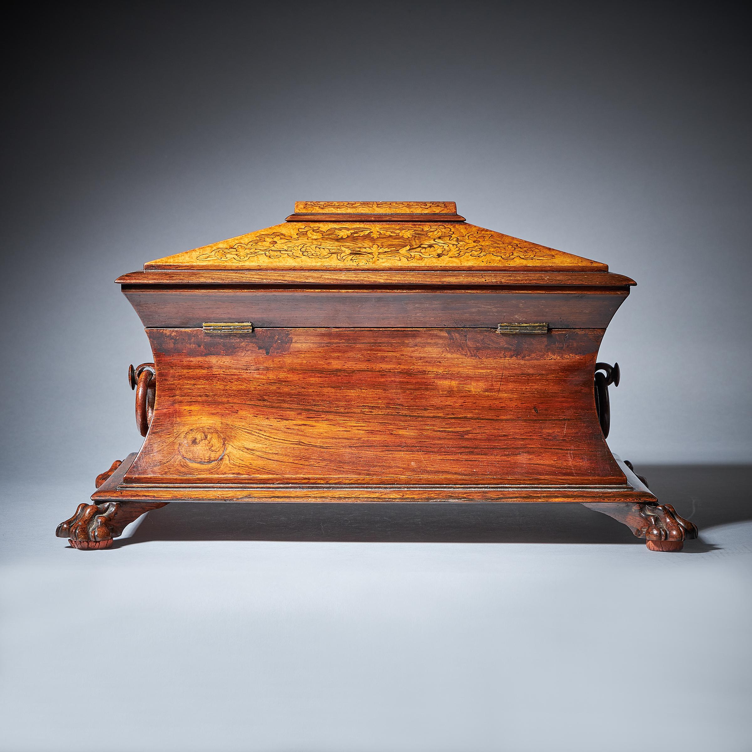 19th Century Fine George iv Regency Sarcophagus Rosewood Amboyna Marquetry Tea Caddy