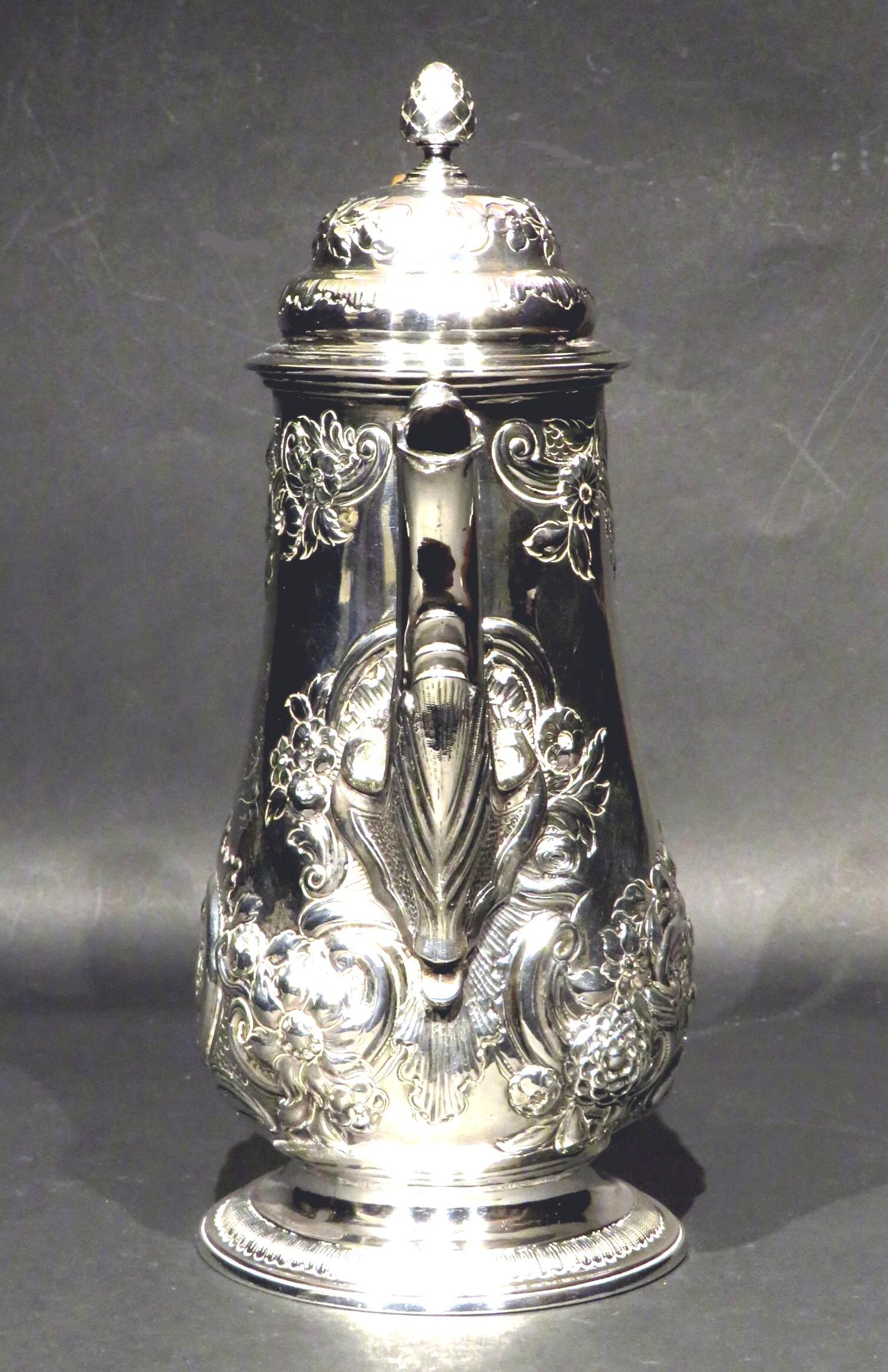 Carved Fine George IV Sterling Silver Coffee Pot by William Bateman 1st, London, 1819 For Sale