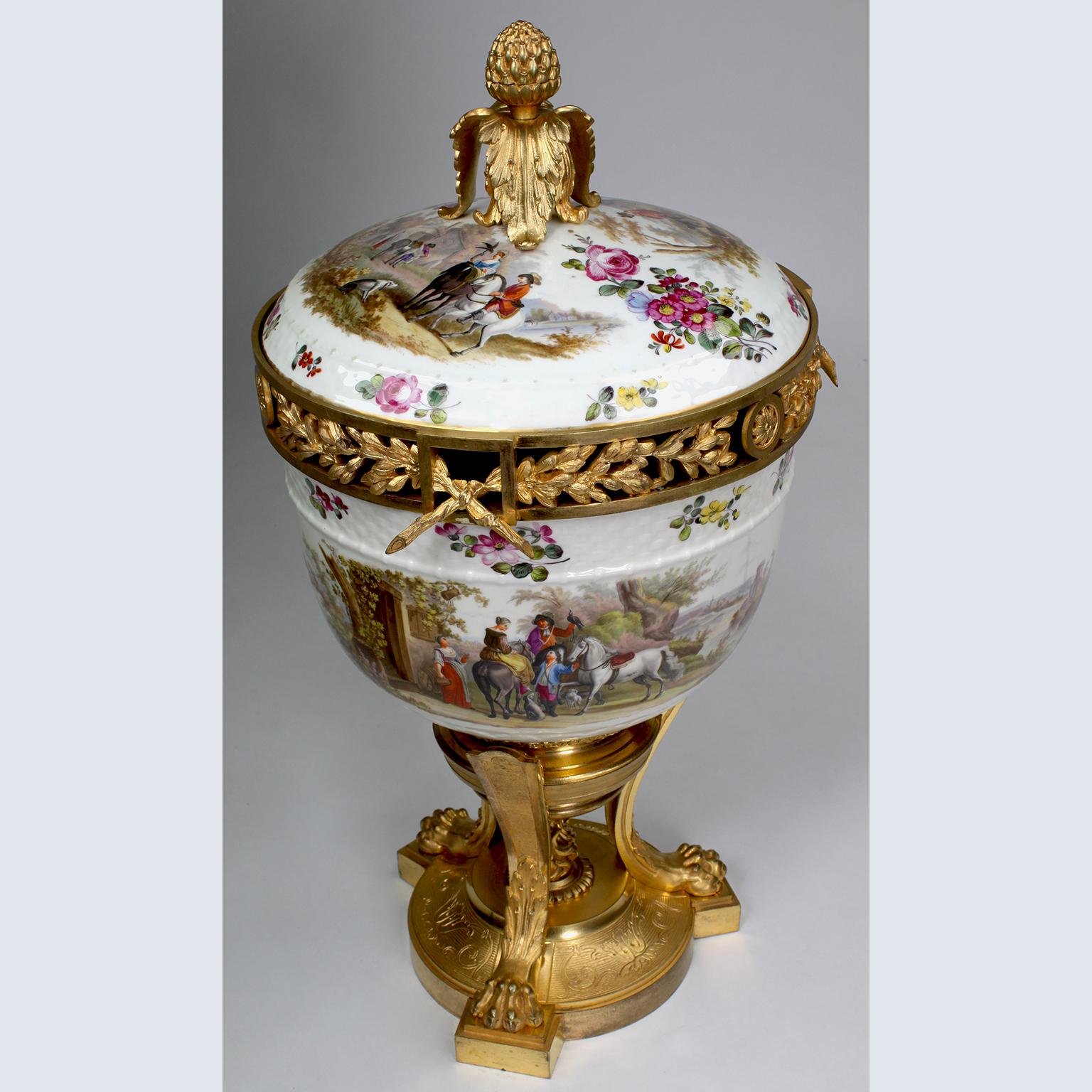 Hand-Painted Fine German 19th Century Porcelain and Gilt-Bronze Mounted Potpourri Urn Vase For Sale