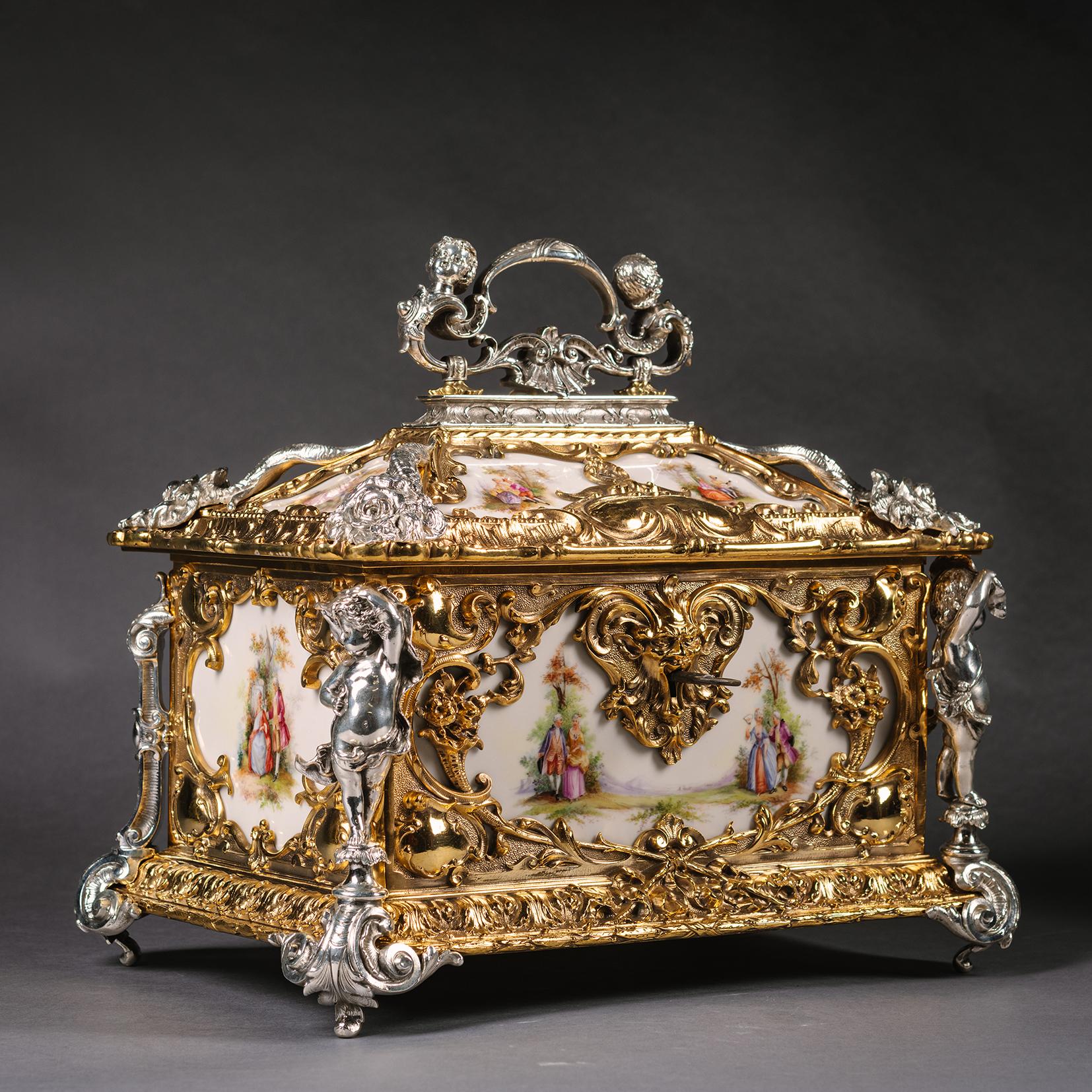 French A Fine Gilt and Silvered Bronze Porcelain Inset Casket For Sale