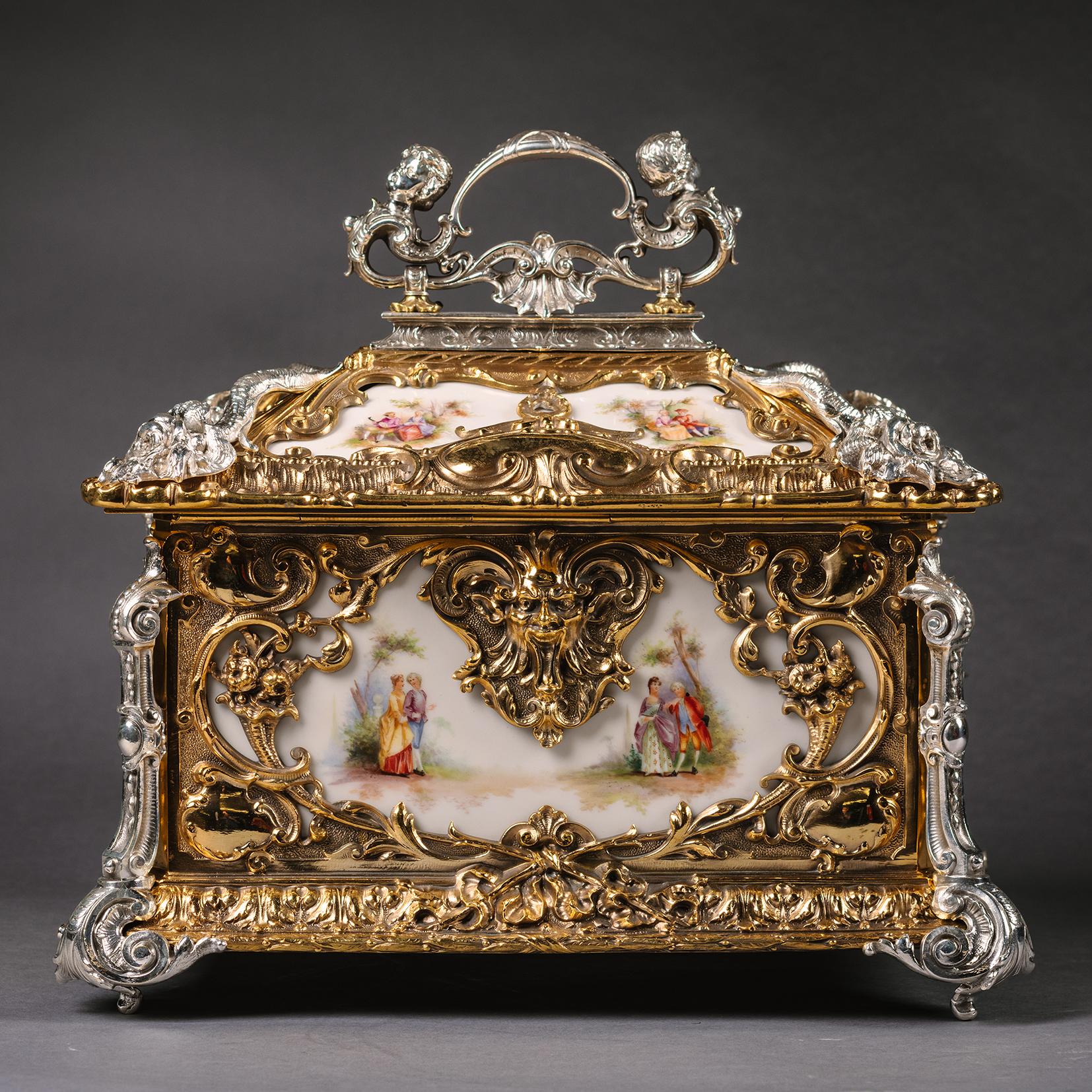 19th Century A Fine Gilt and Silvered Bronze Porcelain Inset Casket For Sale