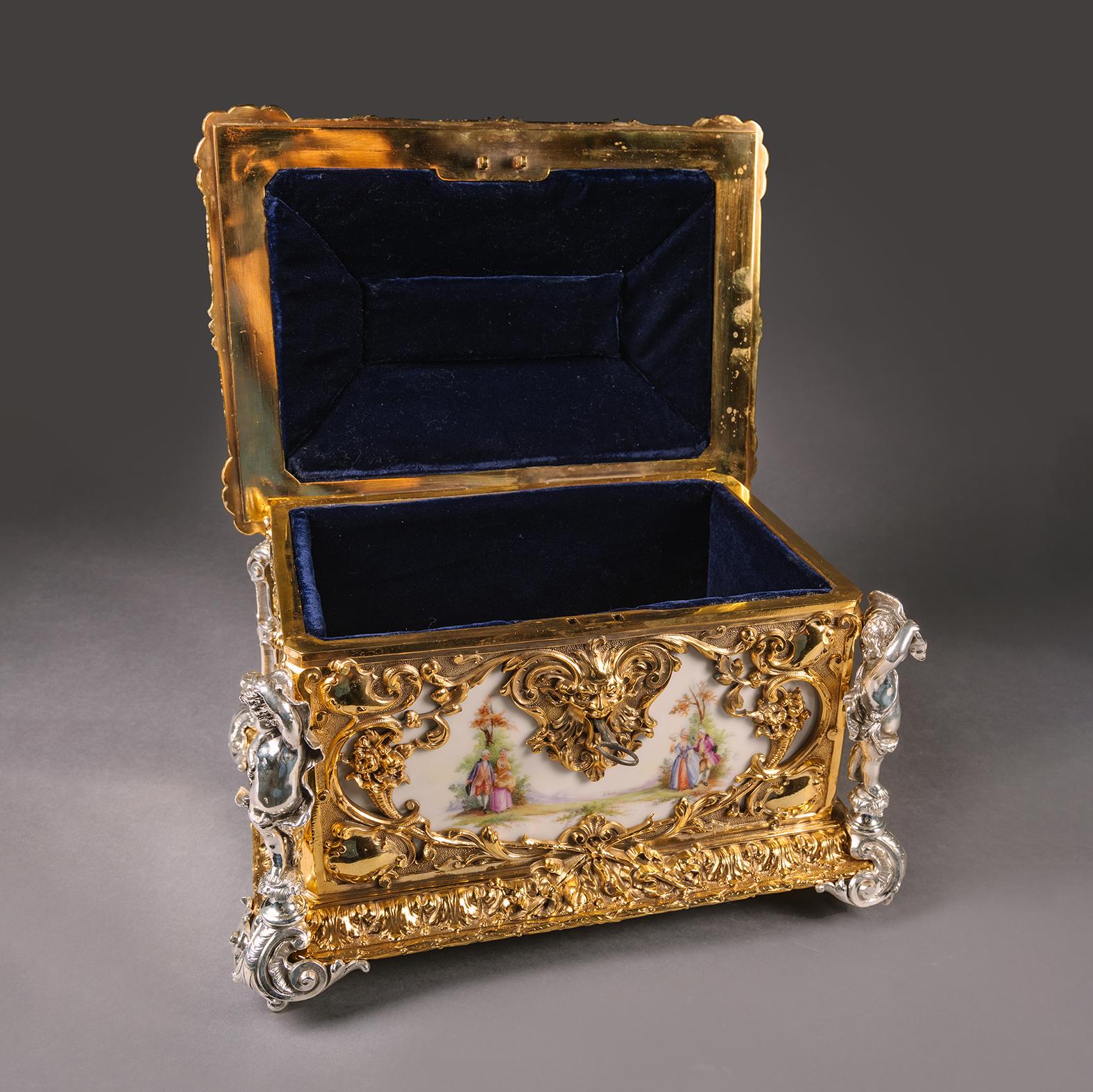 A Fine Gilt and Silvered Bronze Porcelain Inset Casket For Sale 4