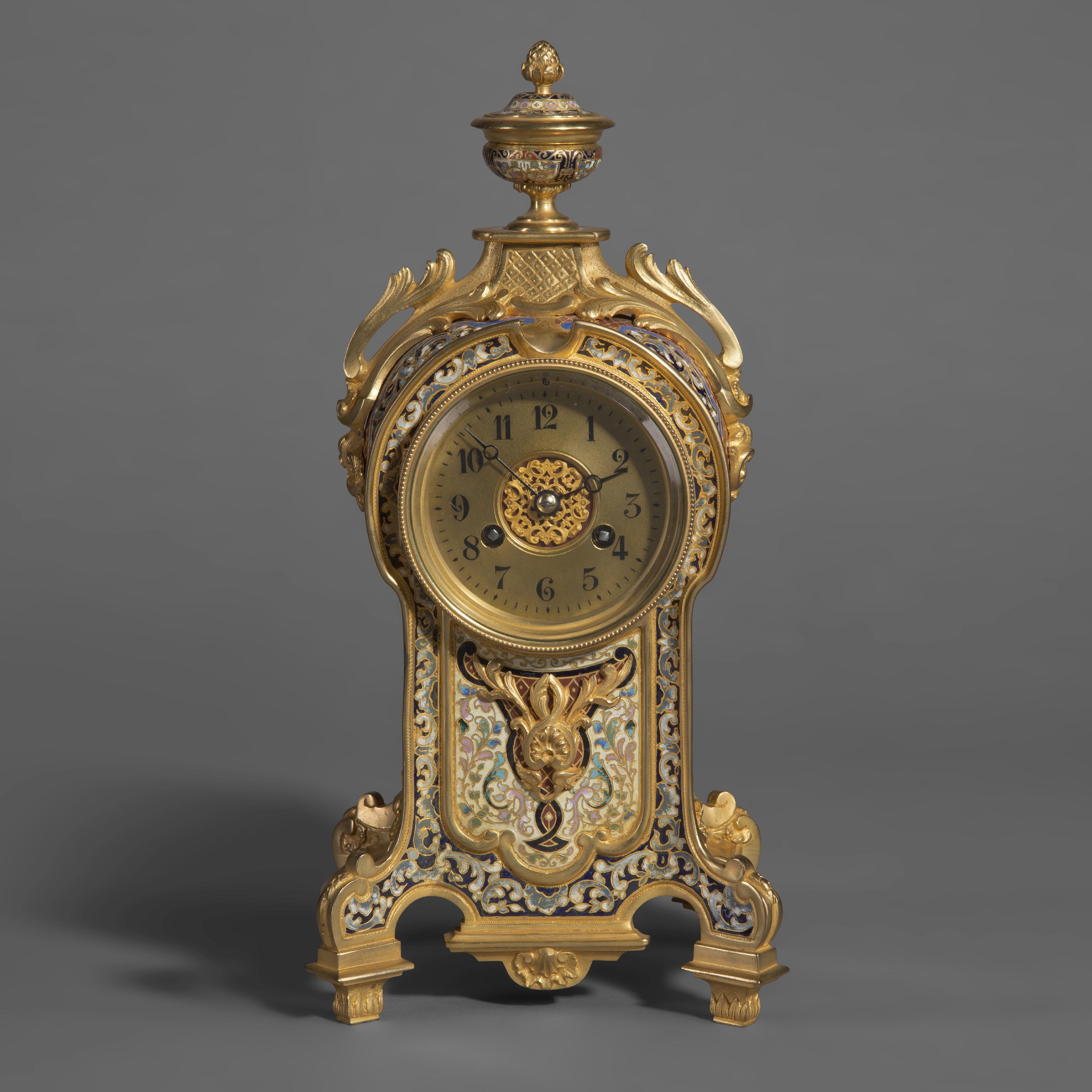 French Fine Gilt-Bronze and Champlevé Enamel Clock, circa 1880 For Sale