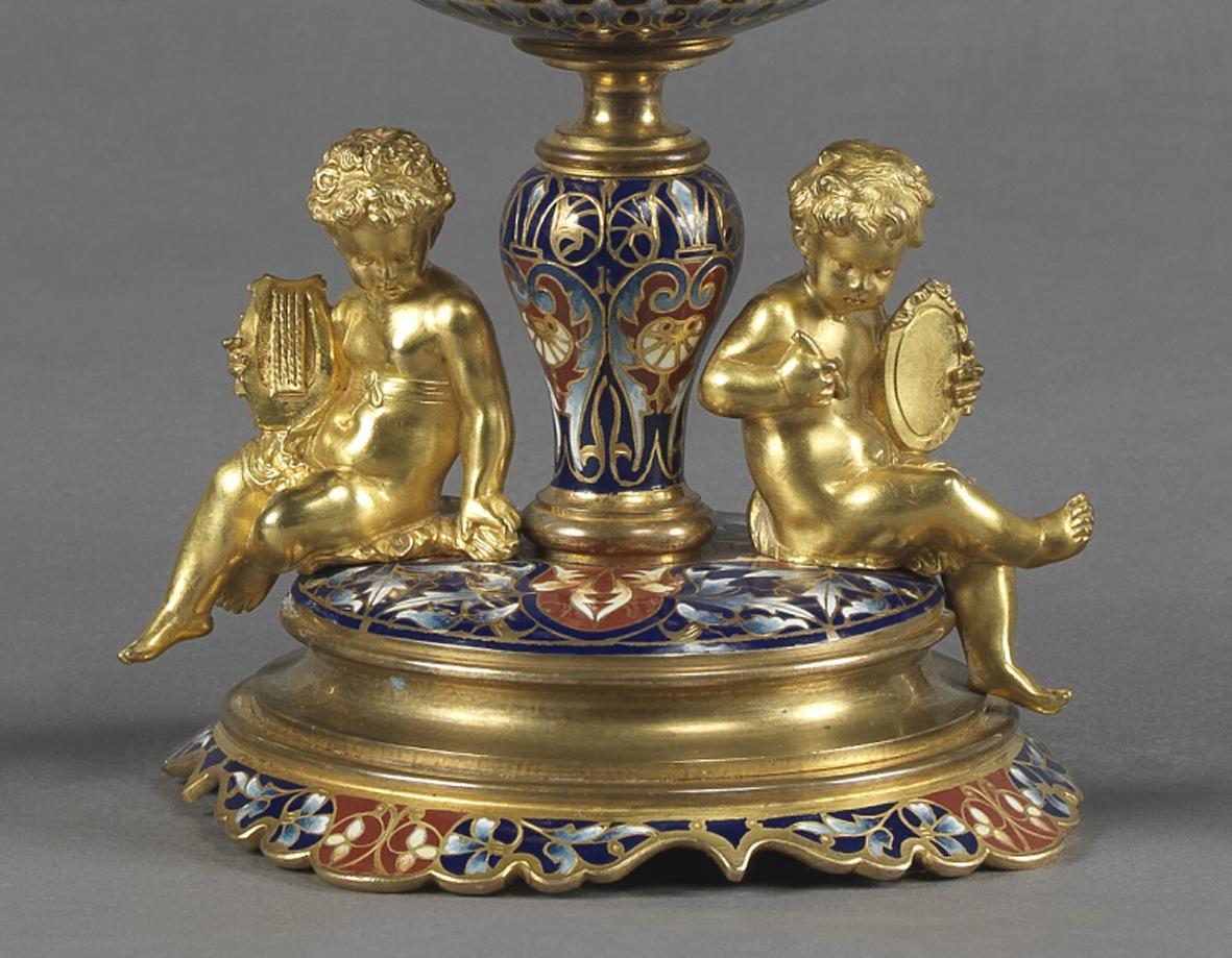 19th Century Fine Gilt-Bronze and Champlevé Enamel Garniture Set, circa 1890 For Sale