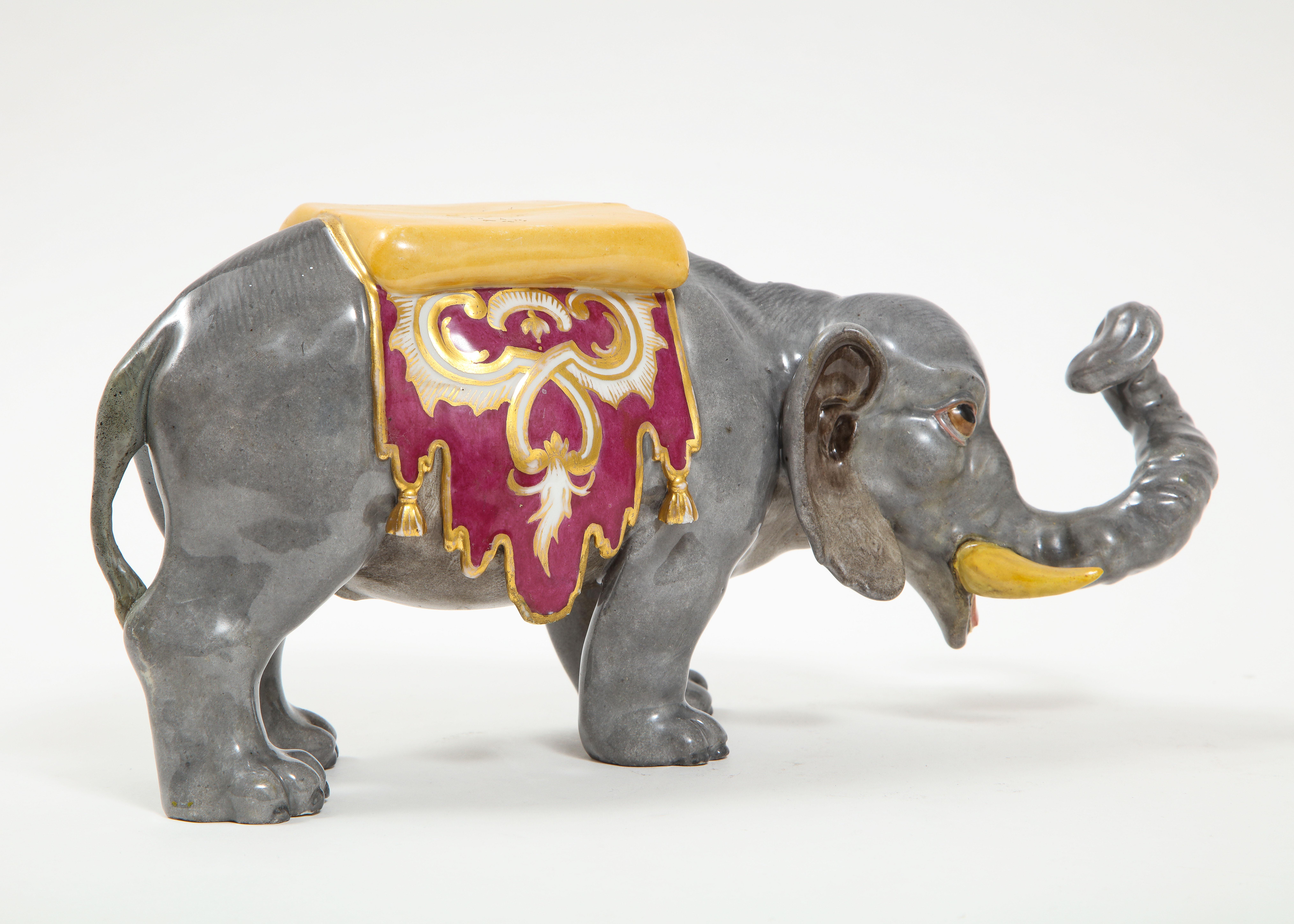 German Fine Hand-Painted Meissen Porcelain Model of an Indian Elephant with a Saddle For Sale