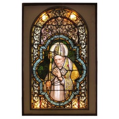 Raro panel italiano de vidrieras enmarcado del siglo XIX-XX que representa a un Papa