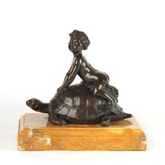 Fine Italian Bronze of a Putto Sitting on a Turtle, Signed by Luca Madrassi
