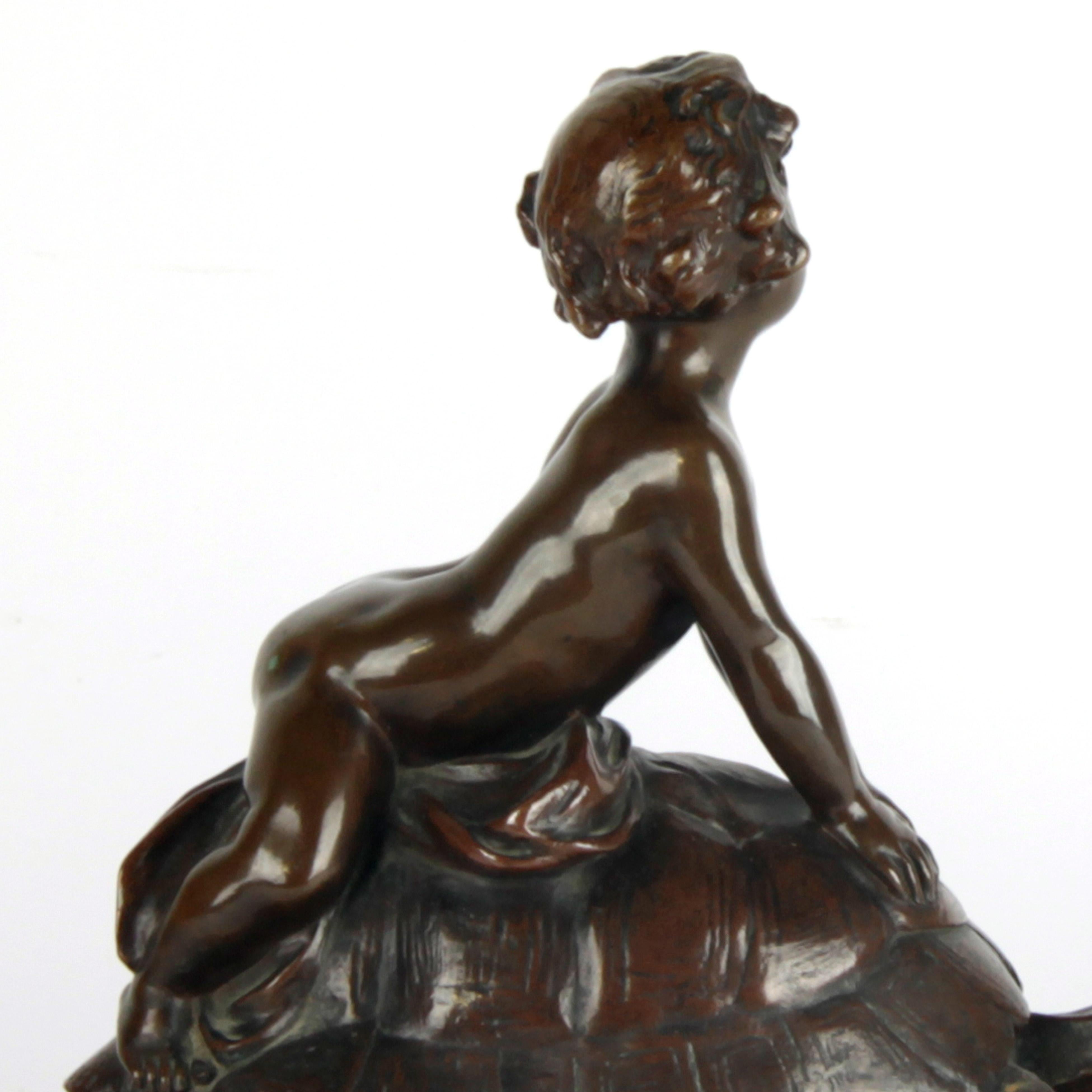 Fine Italian Bronze of a Putto Sitting on a Turtle, Signed by Luca Madrassi For Sale 1