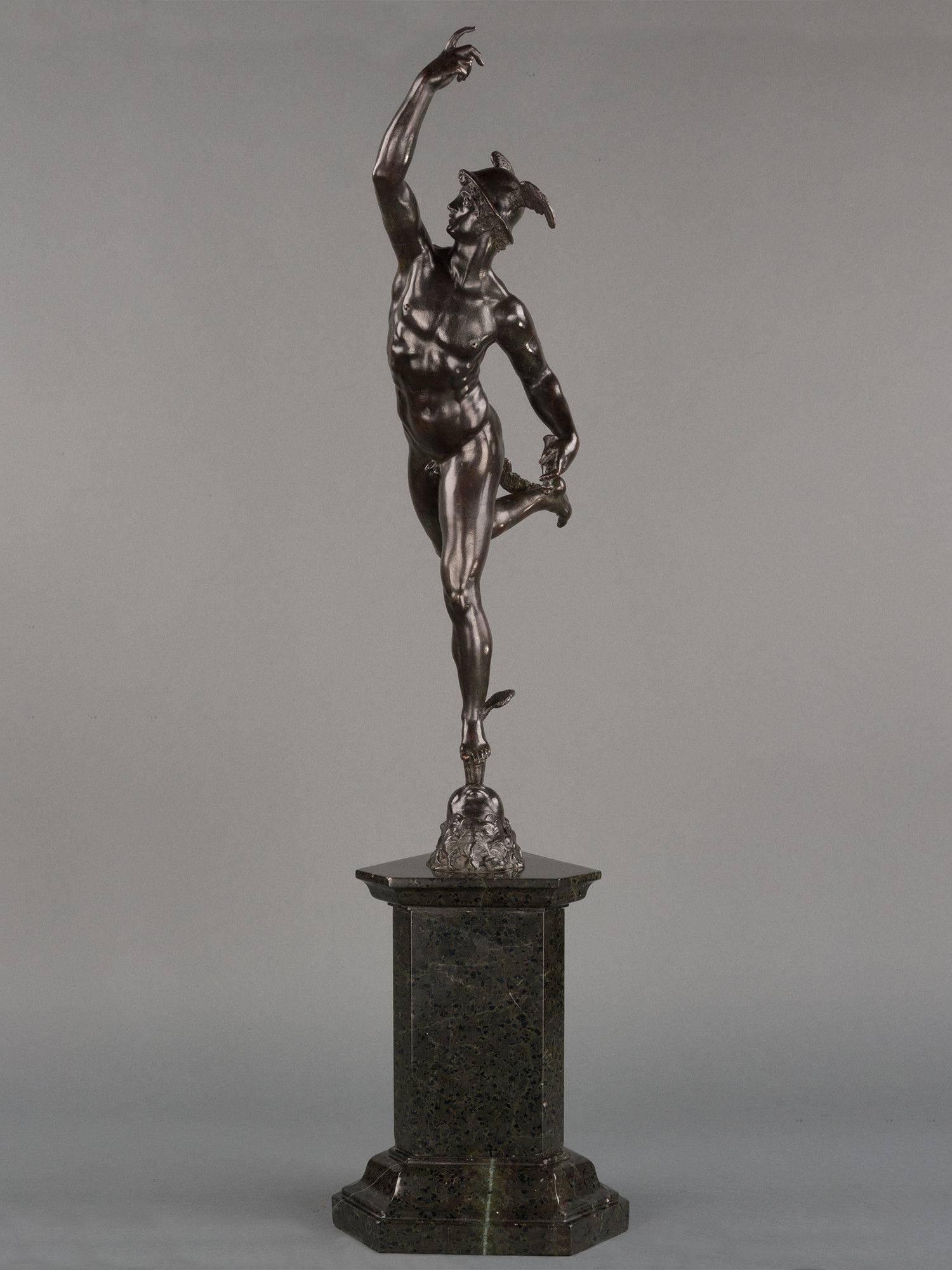 His toes upon the head of Zephyrus on whose breath he glides after Giambologna. 

Caduceus now missing. 

Remains of brown lacquer under a greenish black patina. 

Standing on a modern green serpentine base. 

Mid-18th century.

Size: 48cm