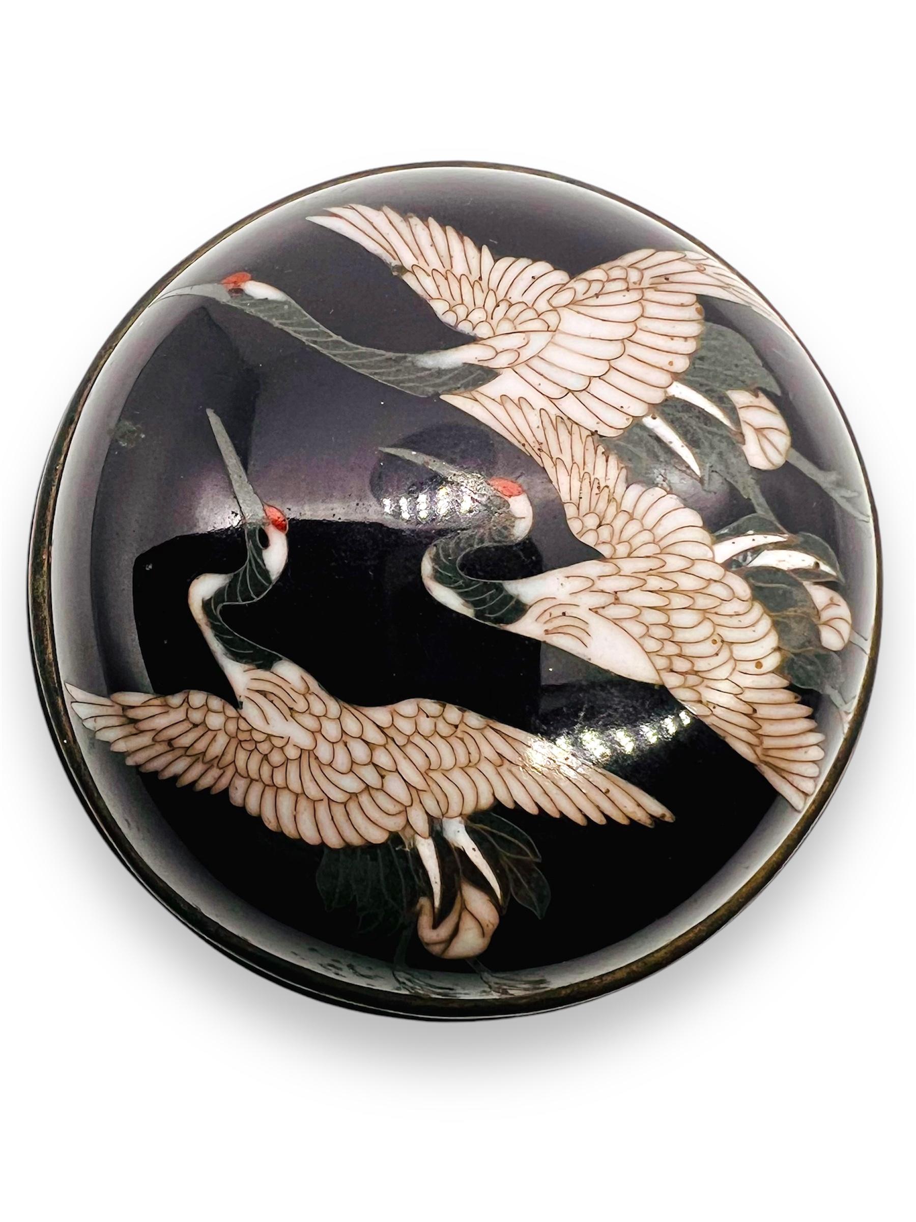 
Fina Caja Kogo Japonesa de Esmalte Cloisonné.


Periodo Meiji.


Trabajada en alambre de plata y decorada con grullas en vuelo sobre fondo azul oscuro.


Interior en esmalte negro.


En buen estado acorde con la edad. Sin daños ni