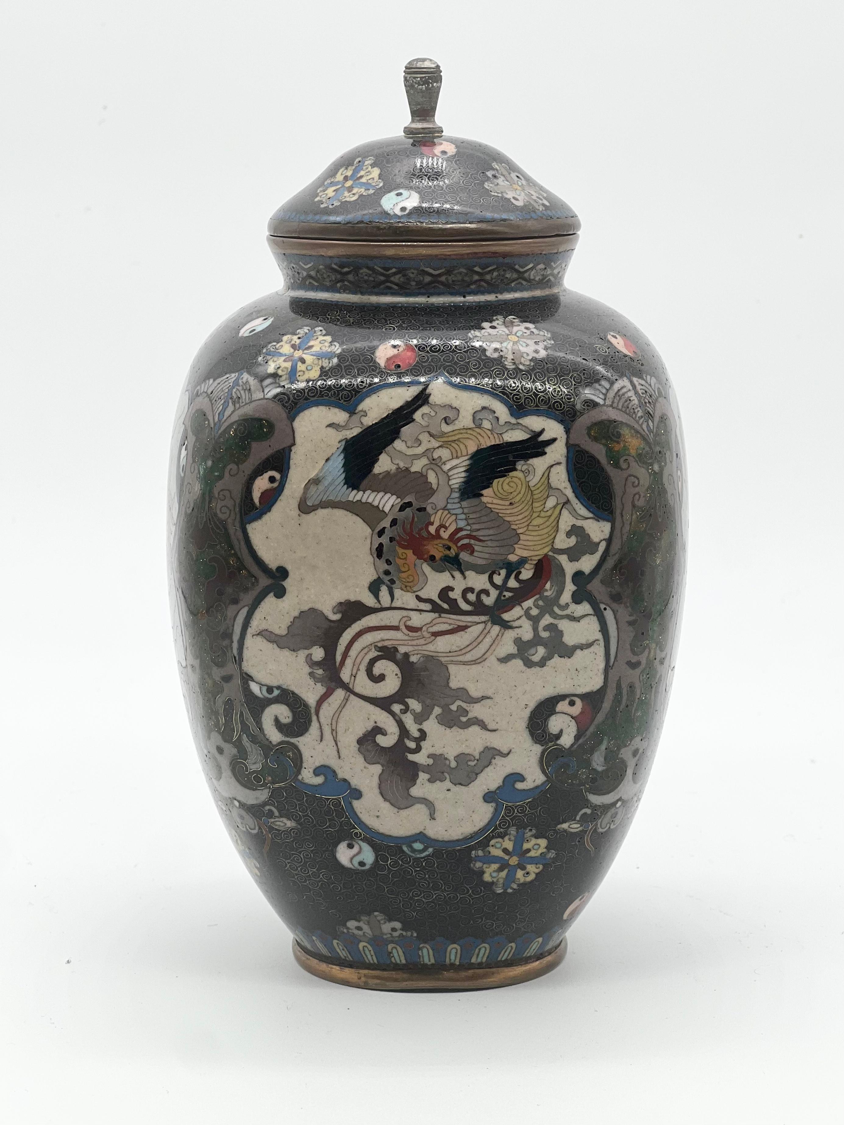 19th Century A Fine Japanese Cloisonne Enamel Vase and Cover. Meiji Period  For Sale