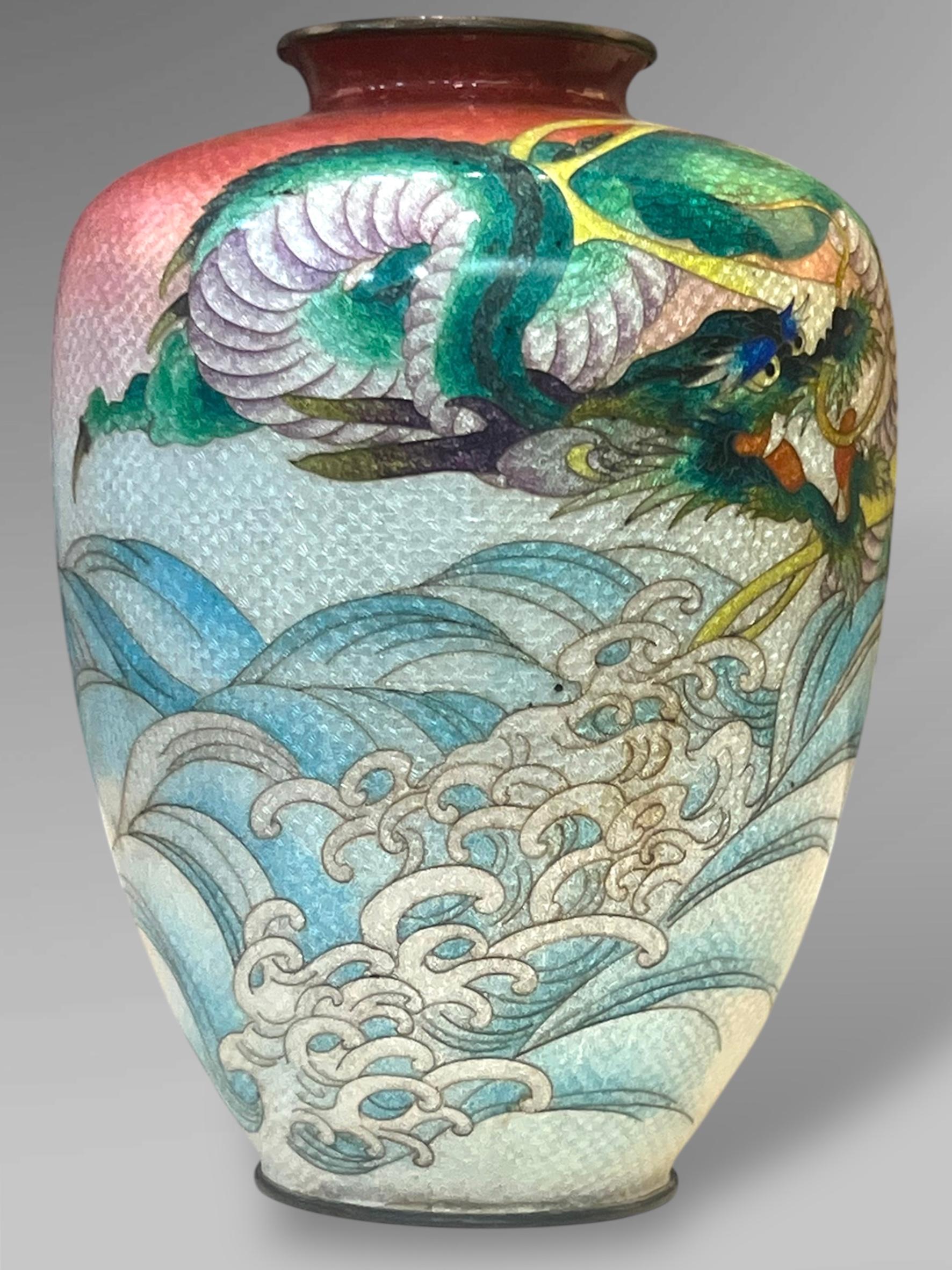 A Fine Japanese Cloisonné Enamel Vase with Dragon&Waves, Signed Kumeno Teitaro For Sale 9