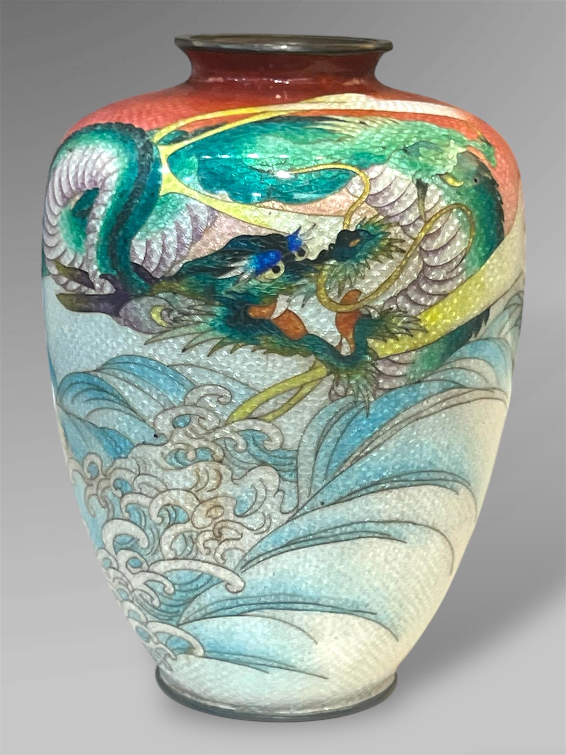 A Fine Japanese Cloisonné Enamel Vase with Dragon&Waves, Signed Kumeno Teitaro For Sale 10
