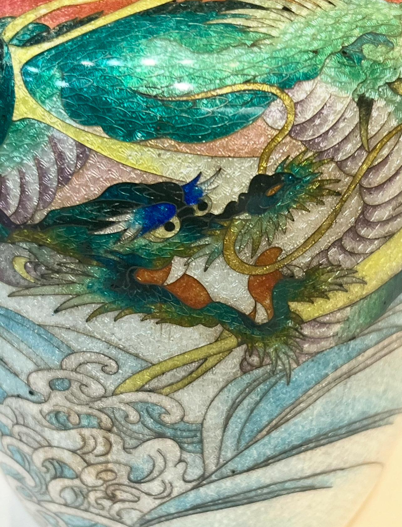 A Fine Japanese Cloisonné Enamel Vase with Dragon&Waves, Signed Kumeno Teitaro For Sale 11