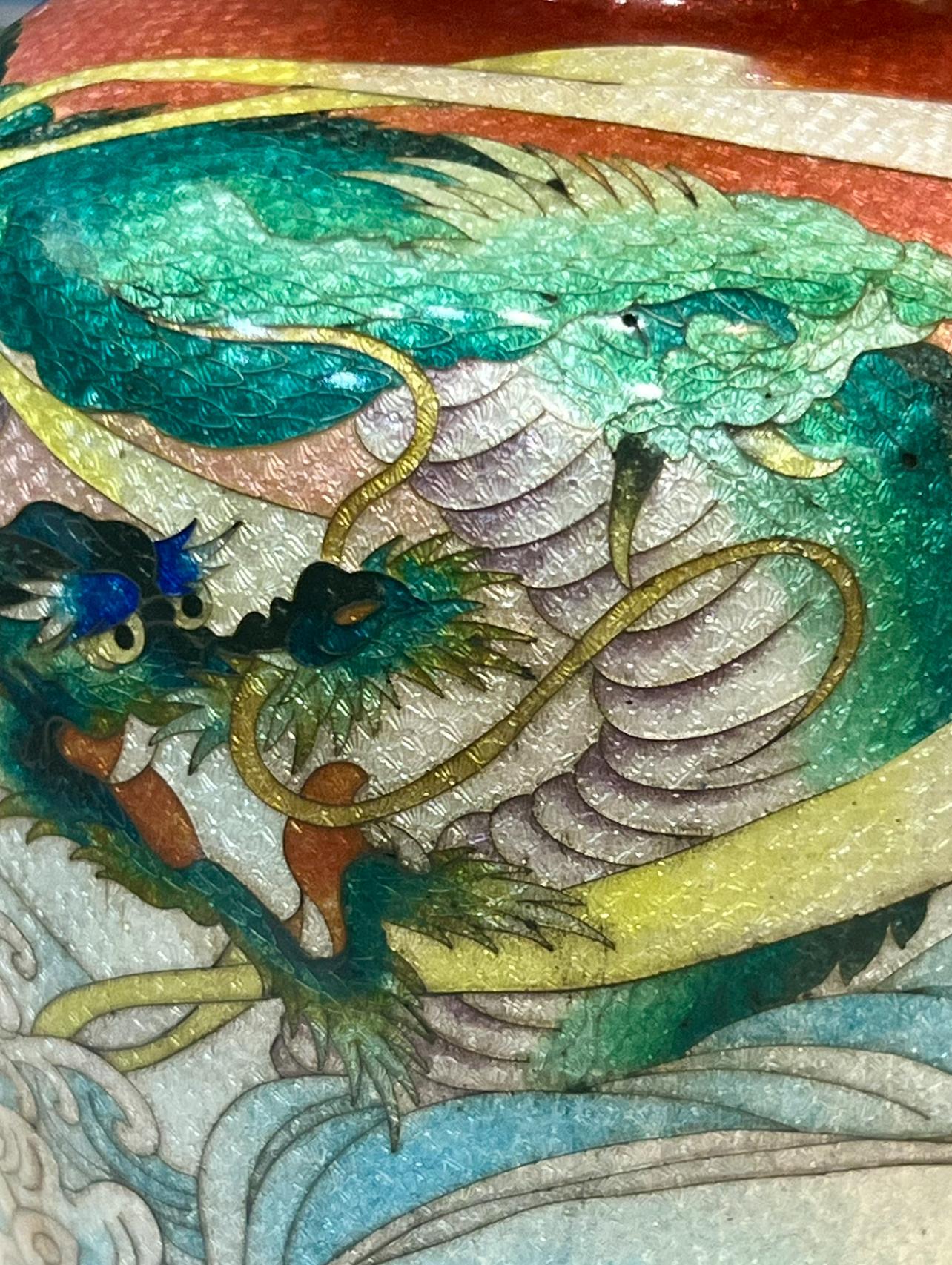 A Fine Japanese Cloisonné Enamel Vase with Dragon&Waves, Signed Kumeno Teitaro For Sale 14