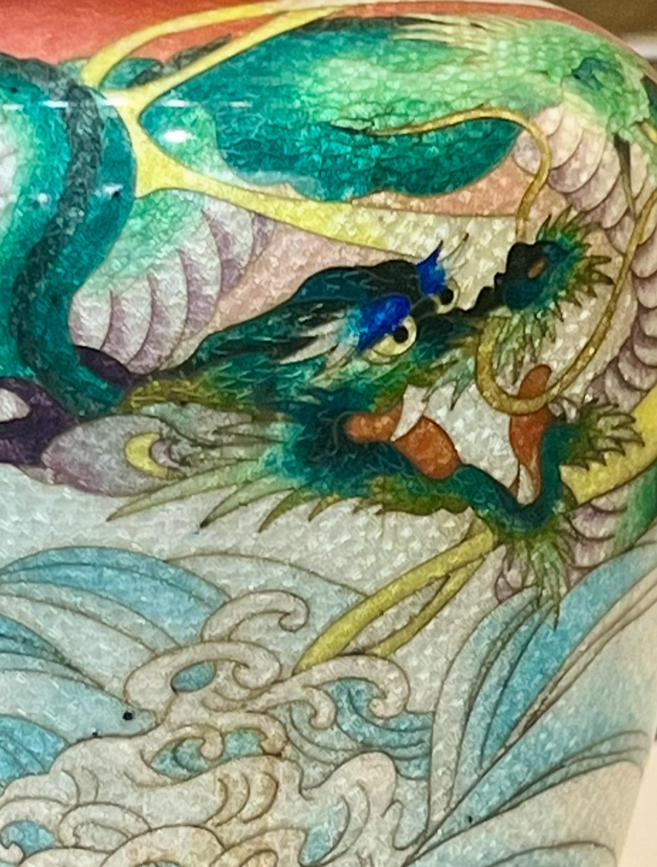 Cloissoné A Fine Japanese Cloisonné Enamel Vase with Dragon&Waves, Signed Kumeno Teitaro For Sale