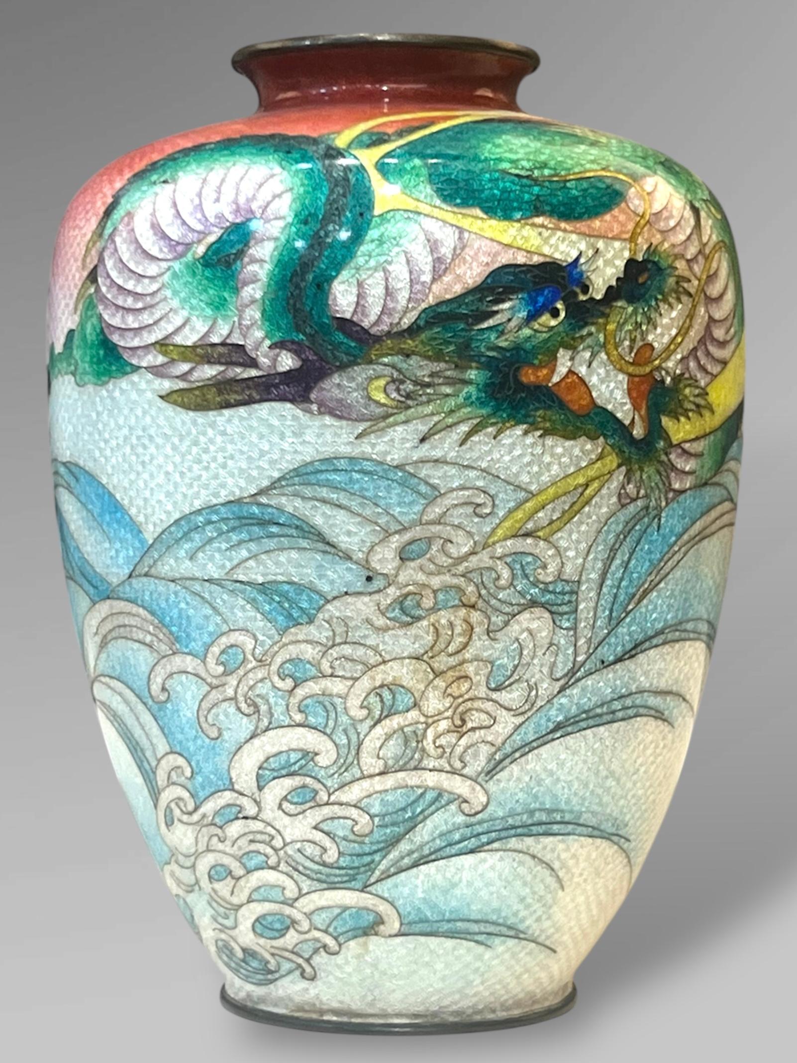 A Fine Japanese Cloisonné Enamel Vase with Dragon&Waves, Signed Kumeno Teitaro In Good Condition For Sale In London, GB