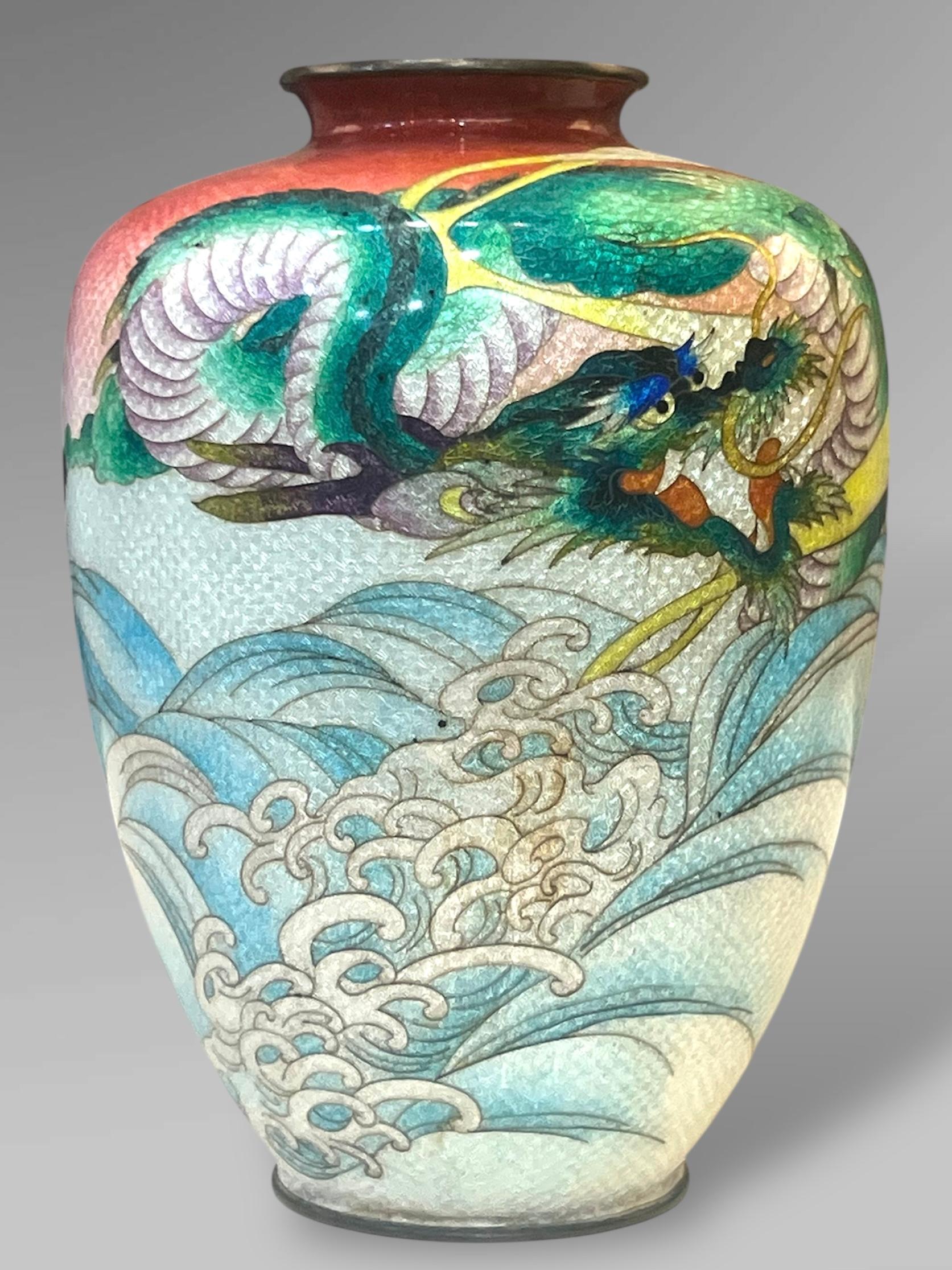 A Fine Japanese Cloisonné Enamel Vase with Dragon&Waves, Signed Kumeno Teitaro For Sale 1