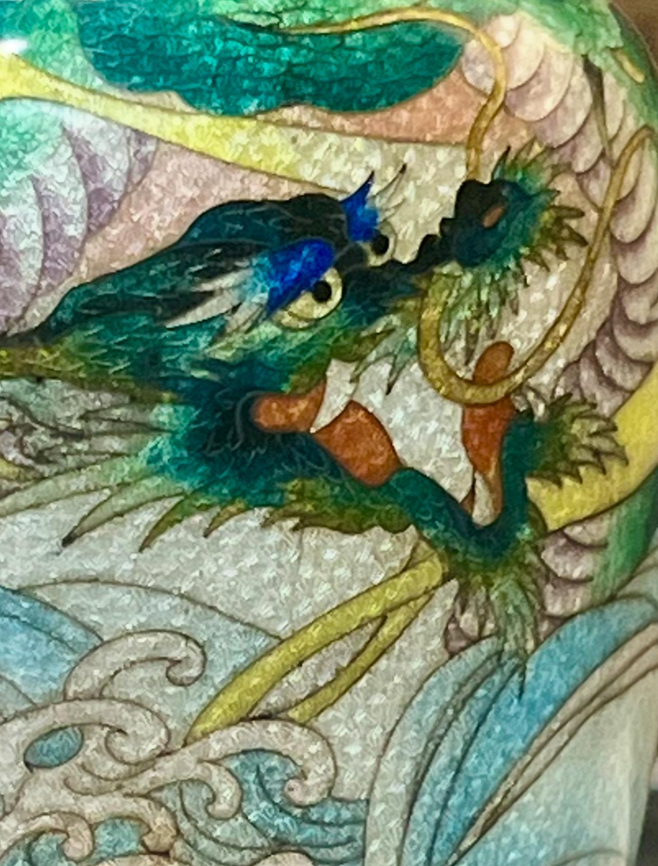 A Fine Japanese Cloisonné Enamel Vase with Dragon&Waves, Signed Kumeno Teitaro For Sale 2