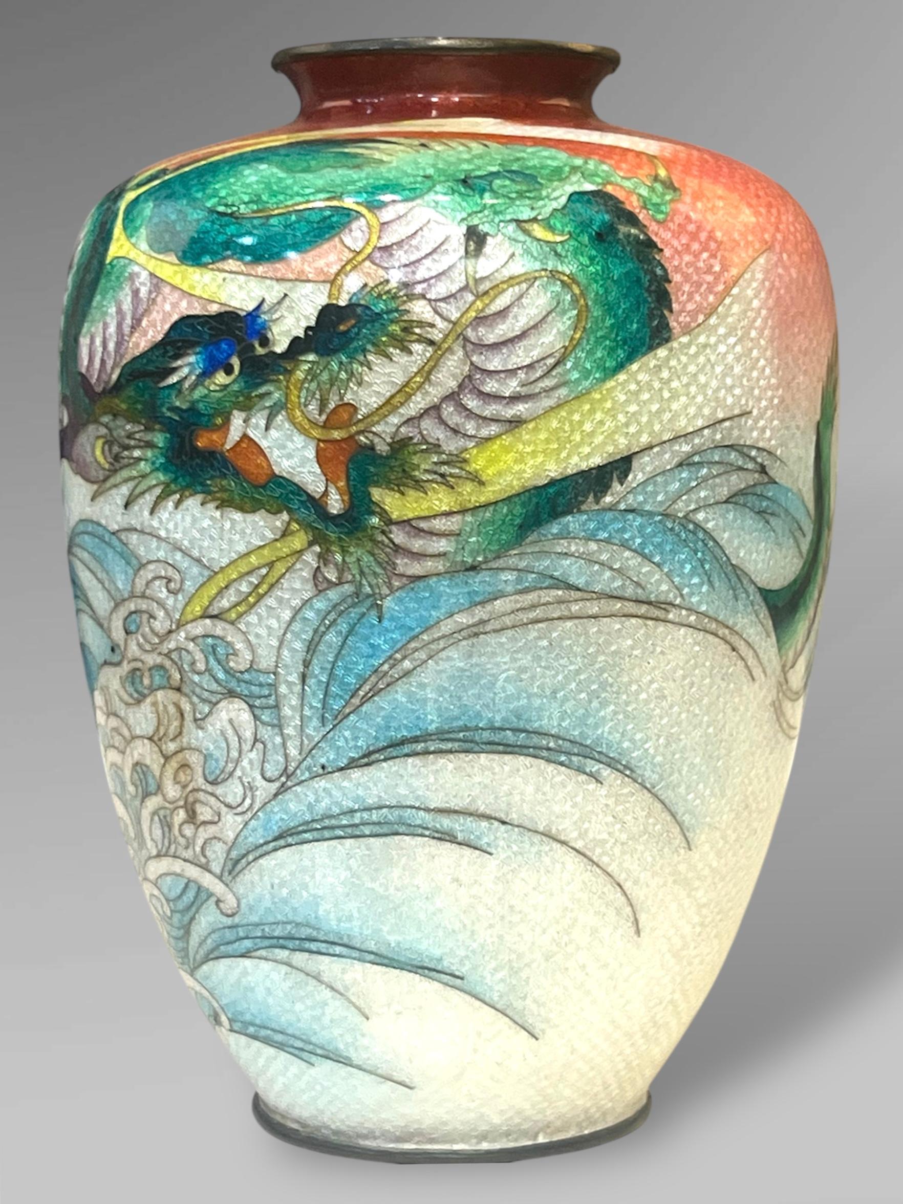 A Fine Japanese Cloisonné Enamel Vase with Dragon&Waves, Signed Kumeno Teitaro For Sale 3