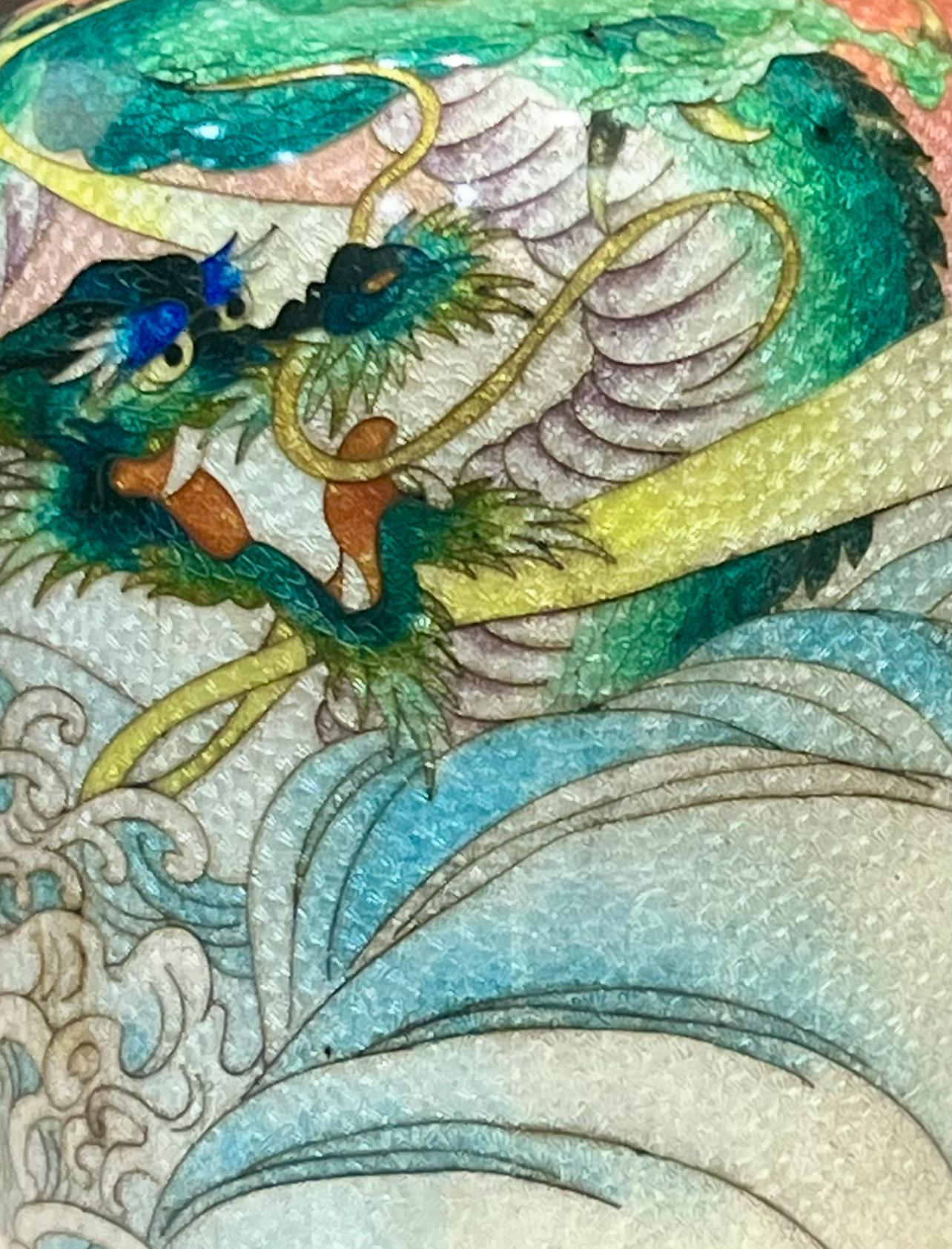 A Fine Japanese Cloisonné Enamel Vase with Dragon&Waves, Signed Kumeno Teitaro For Sale 4