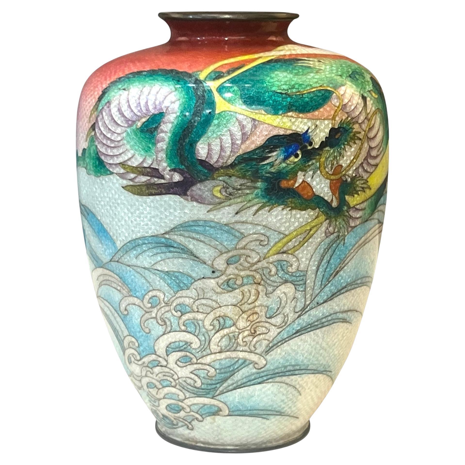 A Fine Japanese Cloisonné Enamel Vase with Dragon&Waves, Signed Kumeno Teitaro