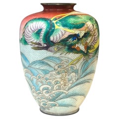 A Fine Japanese Cloisonné Enamel Vase with Dragon&Waves, Signed Kumeno Teitaro