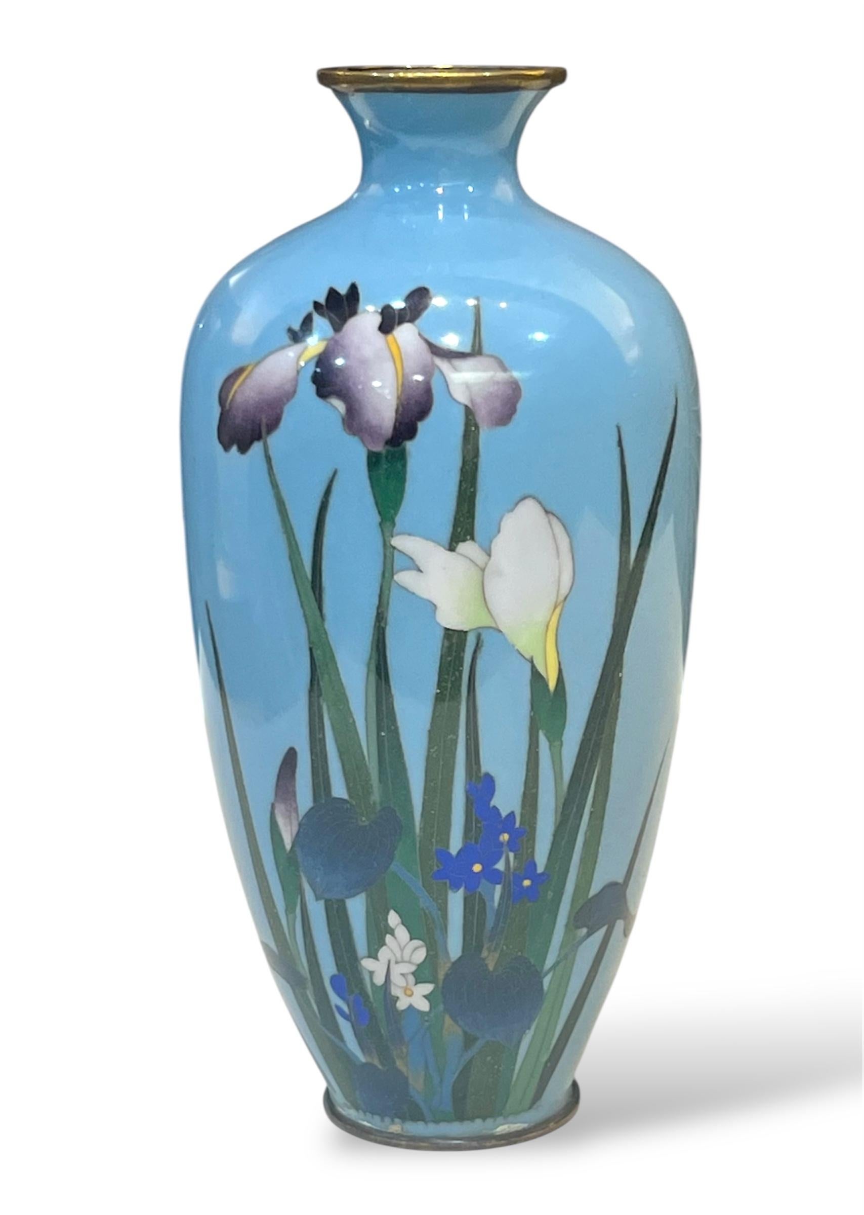 A Fine Japanese Cloisonné Enamel Vase with Irises. Meiji period For Sale 8