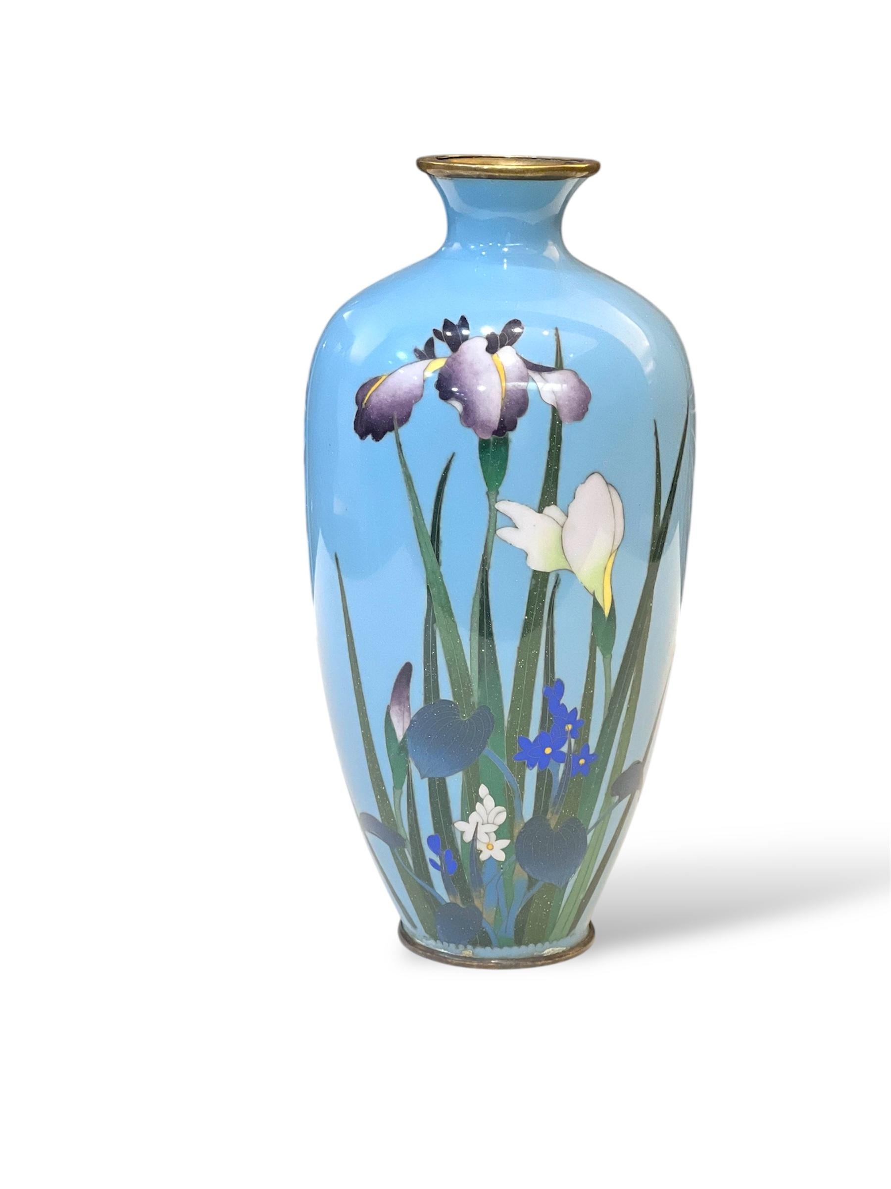 A Fine Japanese Cloisonné Enamel Vase with Irises. Meiji period For Sale 13