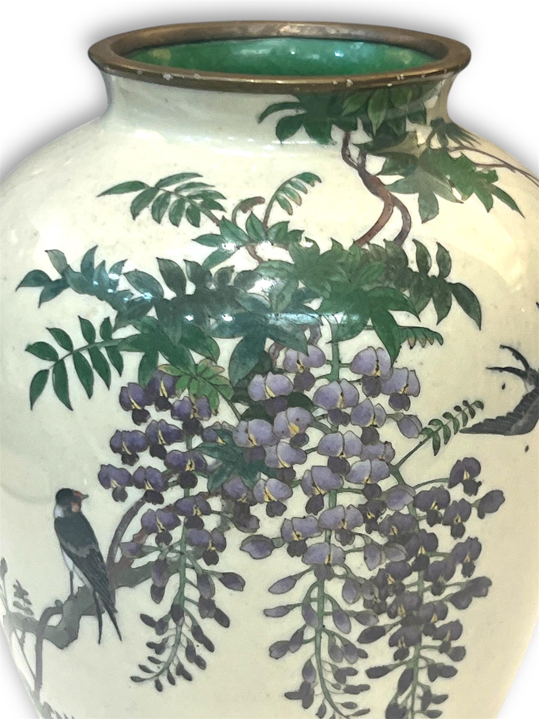 A Fine Japanese Cloisonné Enamel Vase with Swallows and Wisteria, Signed Goto For Sale 7