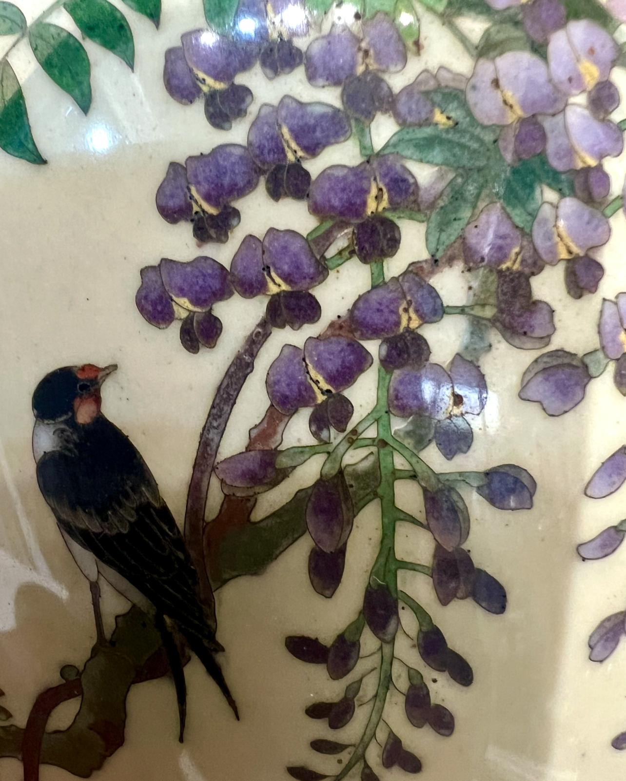 A Fine Japanese Cloisonné Enamel Vase with Swallows and Wisteria, Signed Goto For Sale 8