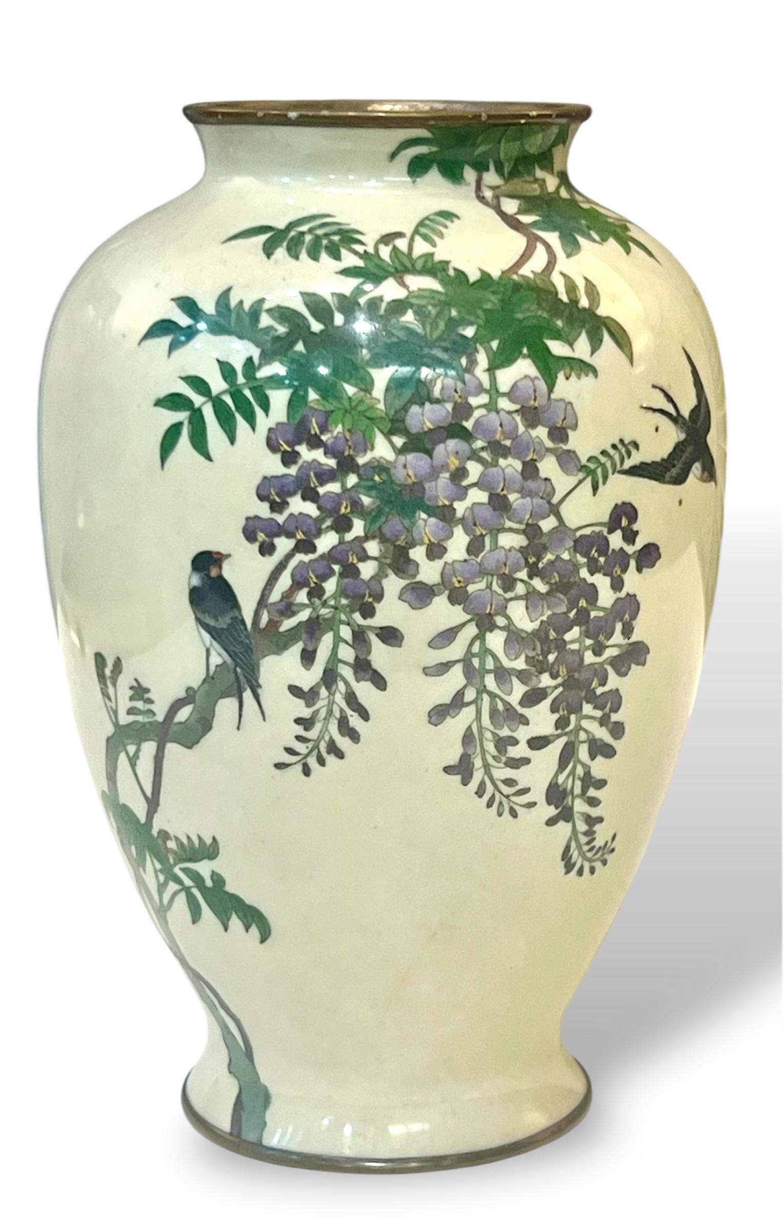 A Fine Japanese Cloisonné Enamel Vase with Swallows and Wisteria, Signed Goto For Sale 9
