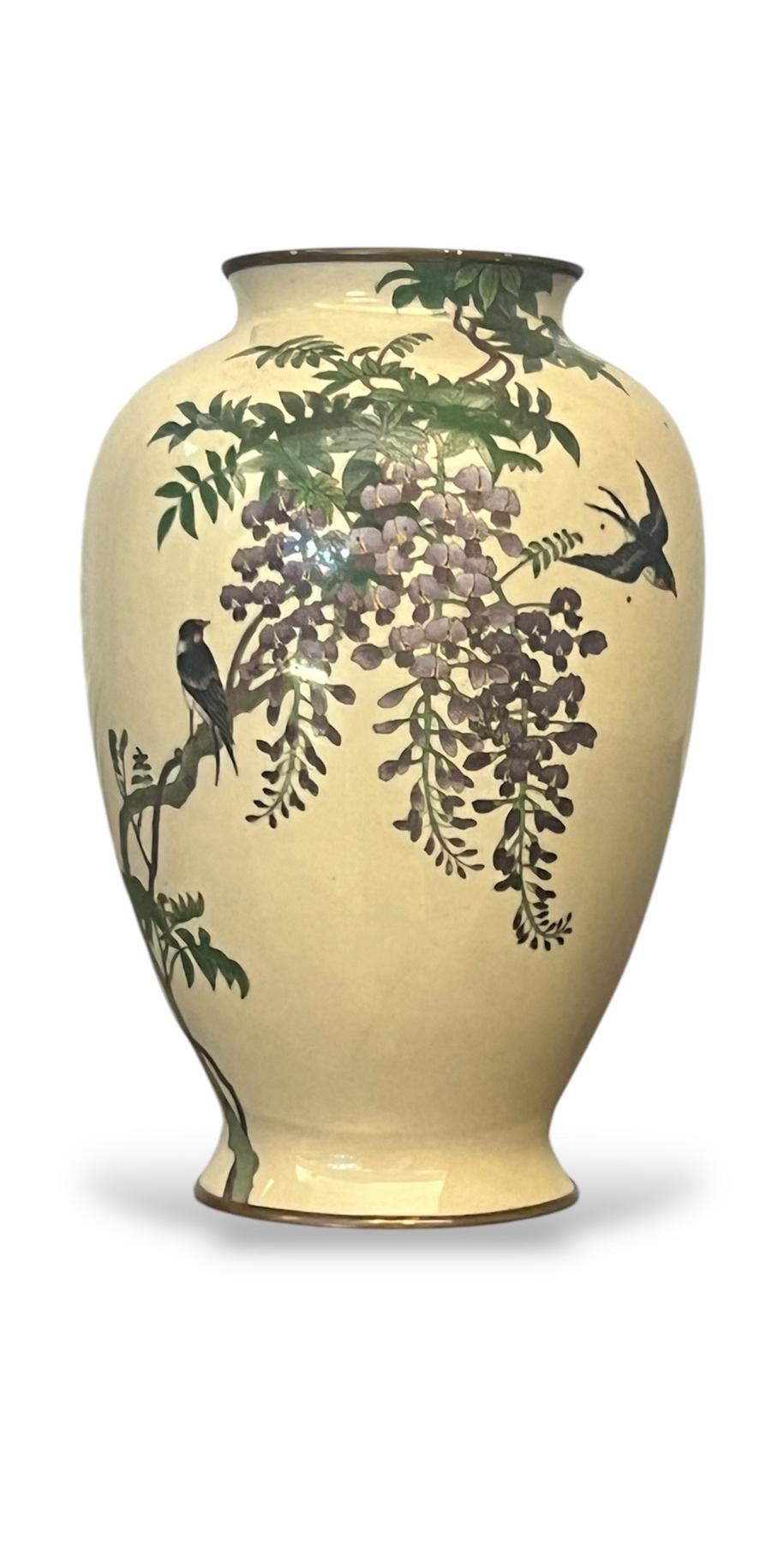 A Fine Japanese Cloisonné Enamel Vase with Swallows and Wisteria, Signed Goto For Sale 13
