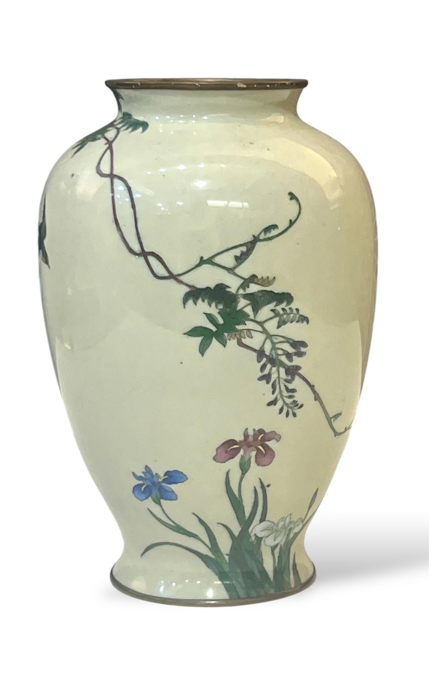 Cloissoné A Fine Japanese Cloisonné Enamel Vase with Swallows and Wisteria, Signed Goto For Sale