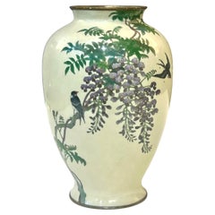 A Fine Japanese Cloisonné Enamel Vase with Swallows and Wisteria, Signed Goto