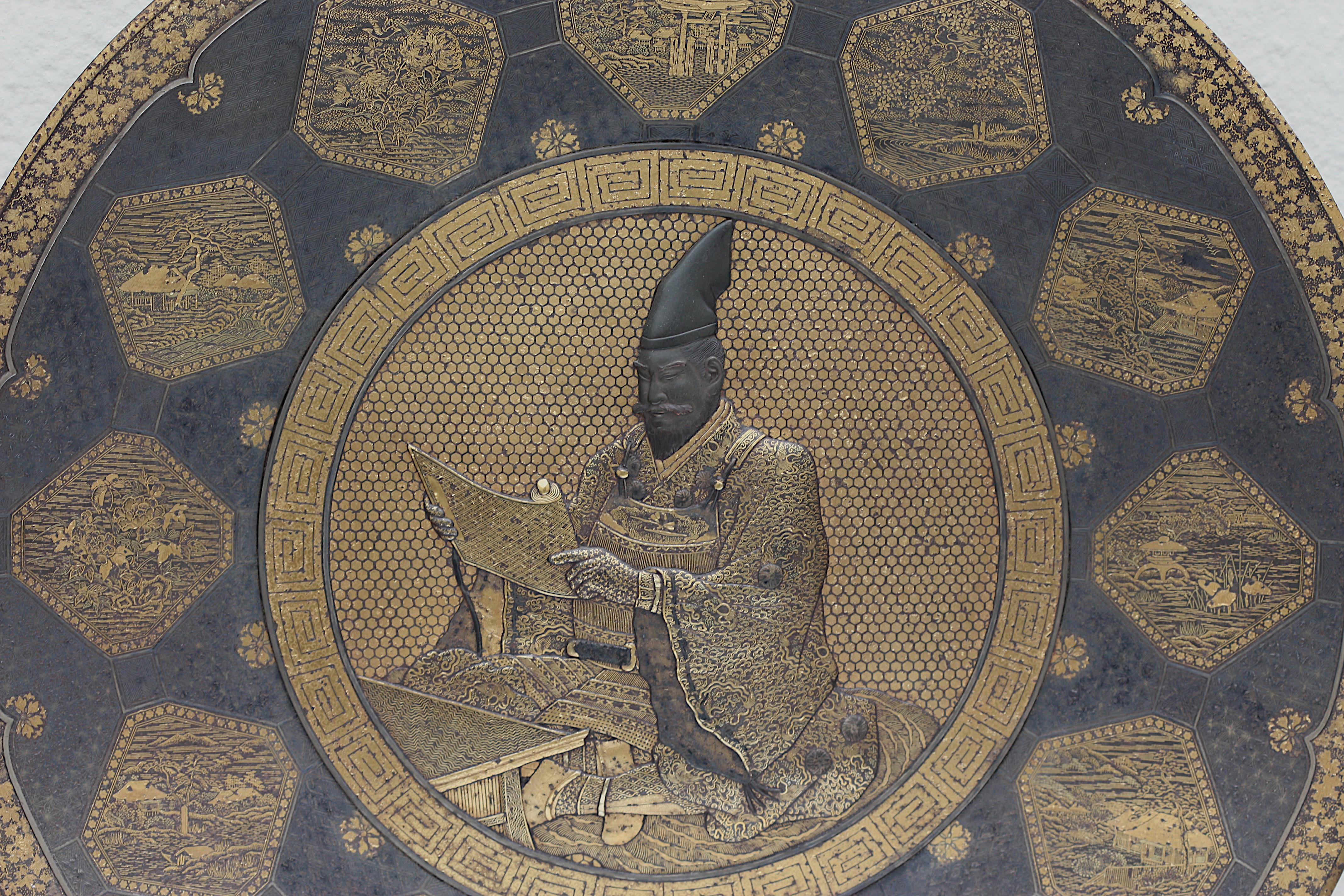 A Fine Japanese Komai Inlaid-Iron plate. 
Decorated in two shades of gold and silver 
Meiji Period, Late 19th Century
Seal mark of Komai Otojiro
Measure: 11.87 in. (30.16 cm.) diameter.
 