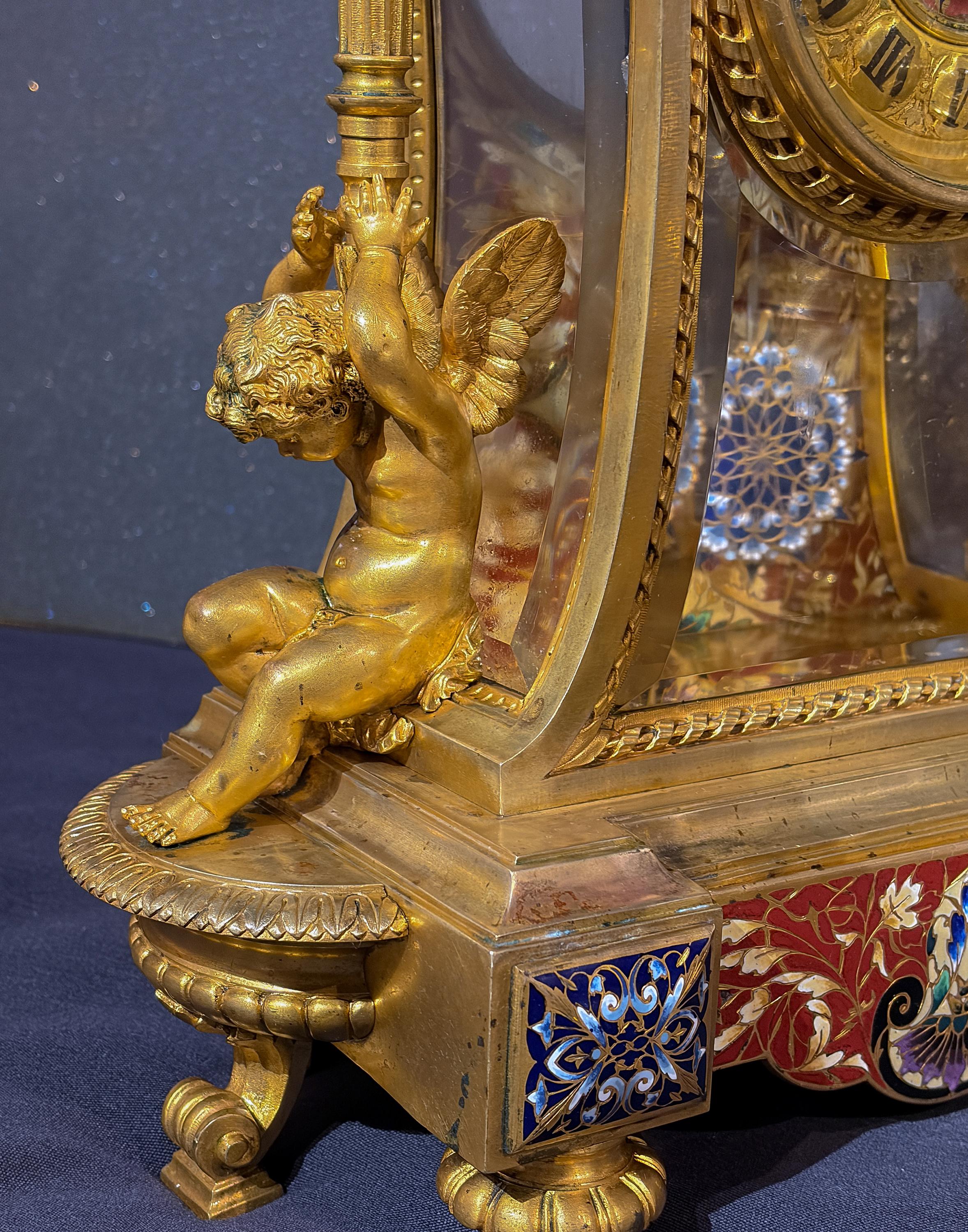 XIX secolo A Fine Japy Frères Gilt Bronze and Red Enamel Champlevé Garniture Clock Set in vendita