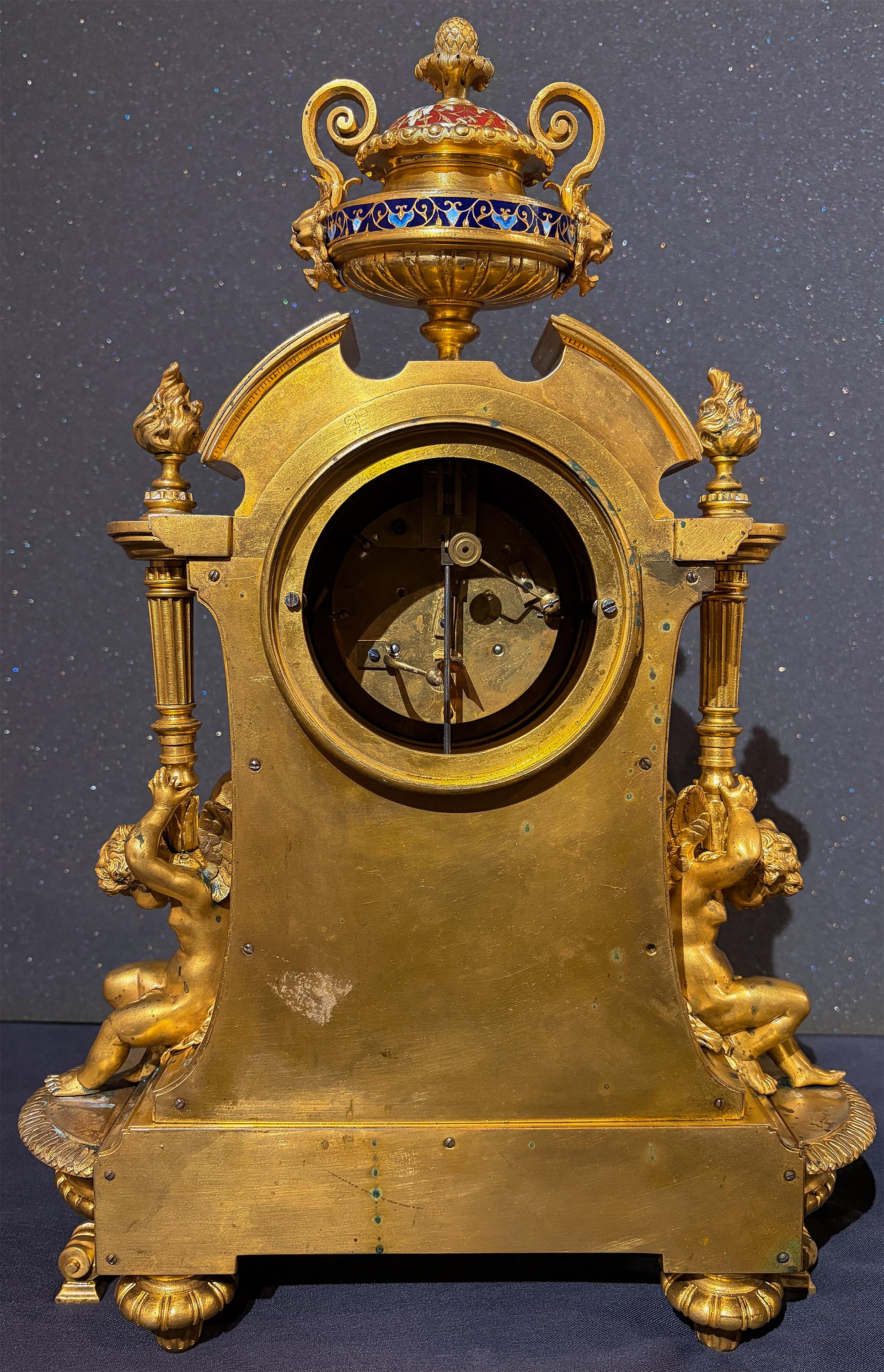 Oro A Fine Japy Frères Gilt Bronze and Red Enamel Champlevé Garniture Clock Set in vendita