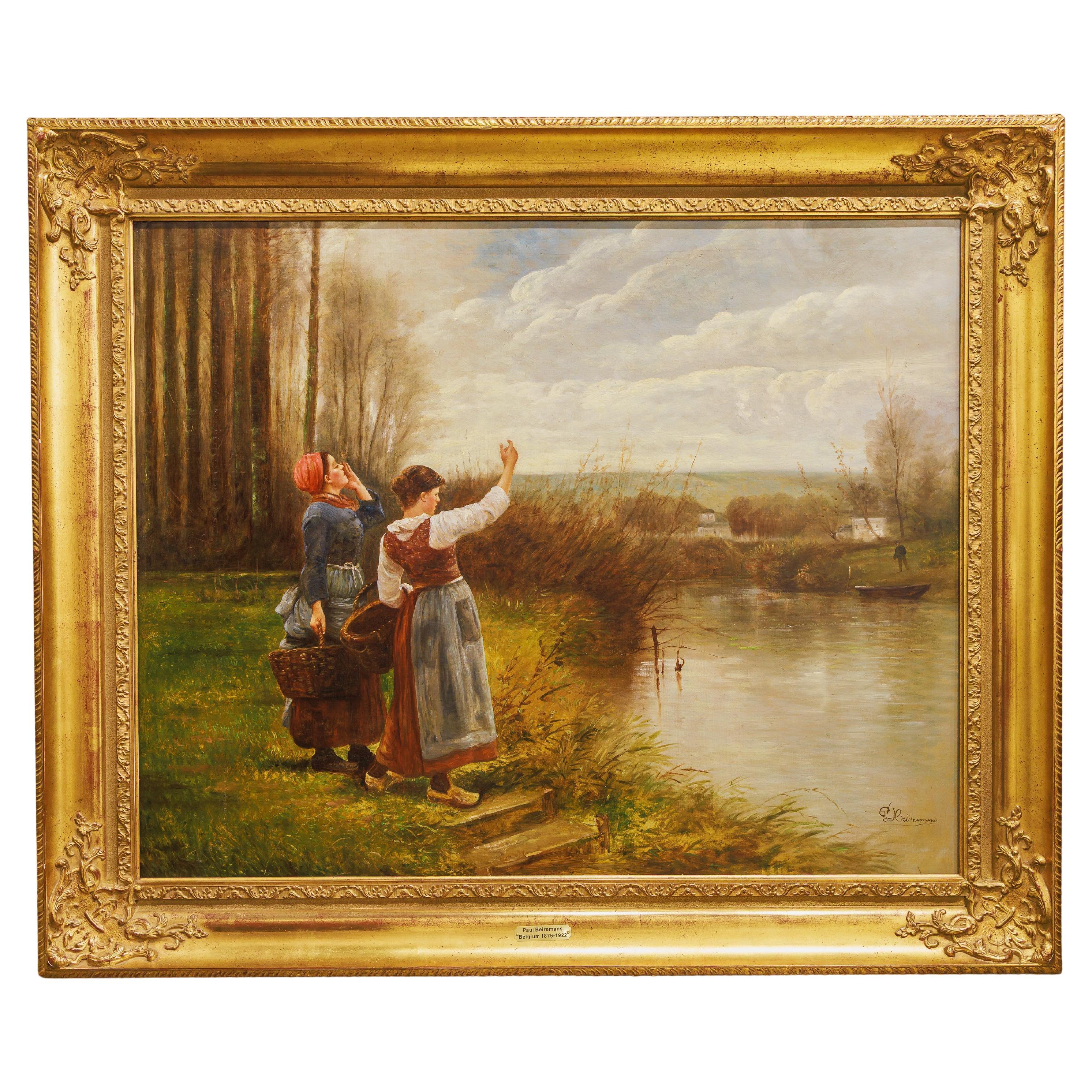 A  gran óleo sobre lienzo del siglo XIX de Paul Beiremans    Esperando al ferry en venta