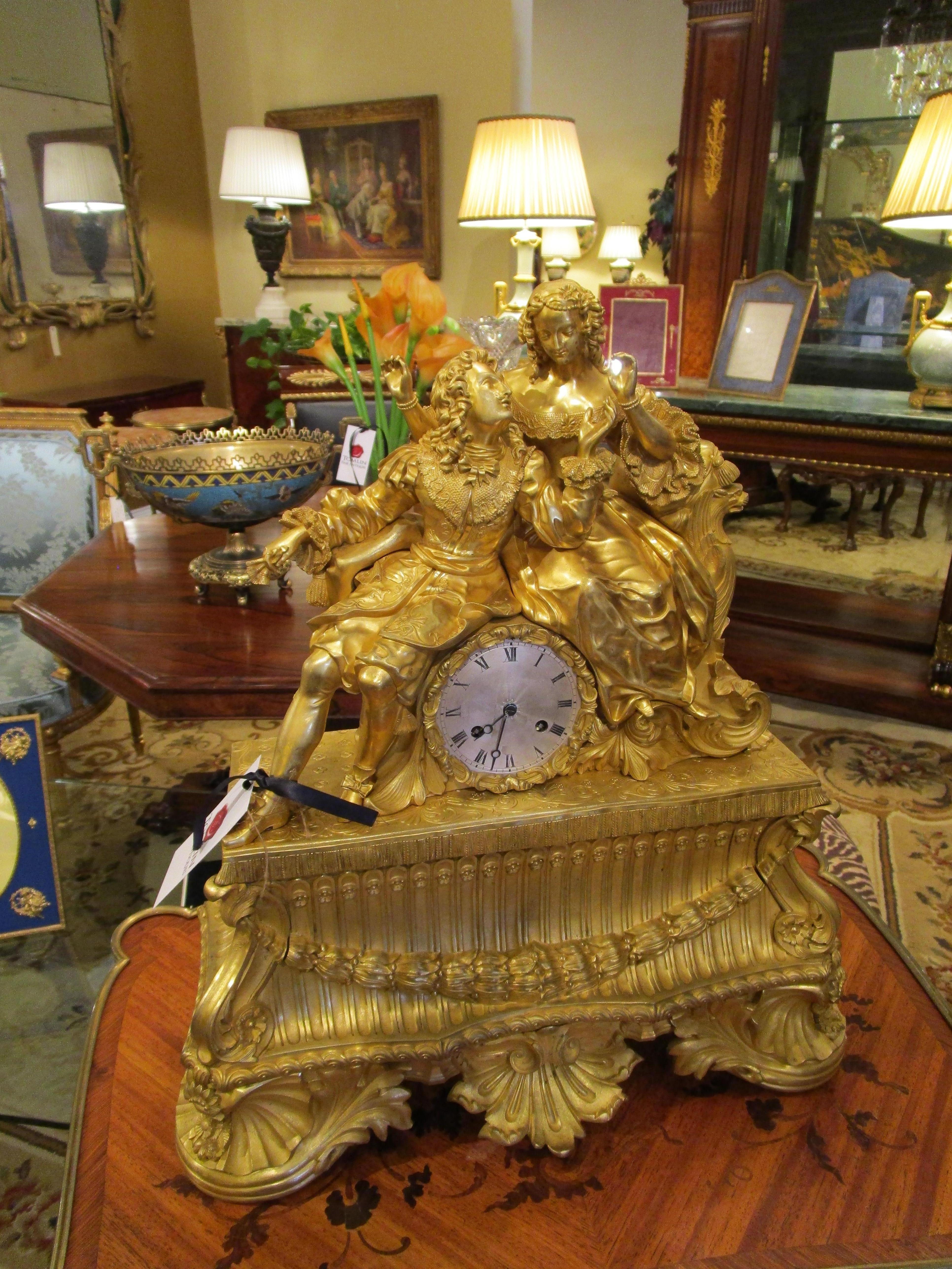 Gilt A fine large 19th century French fire gilt bronze mantel clock.  For Sale