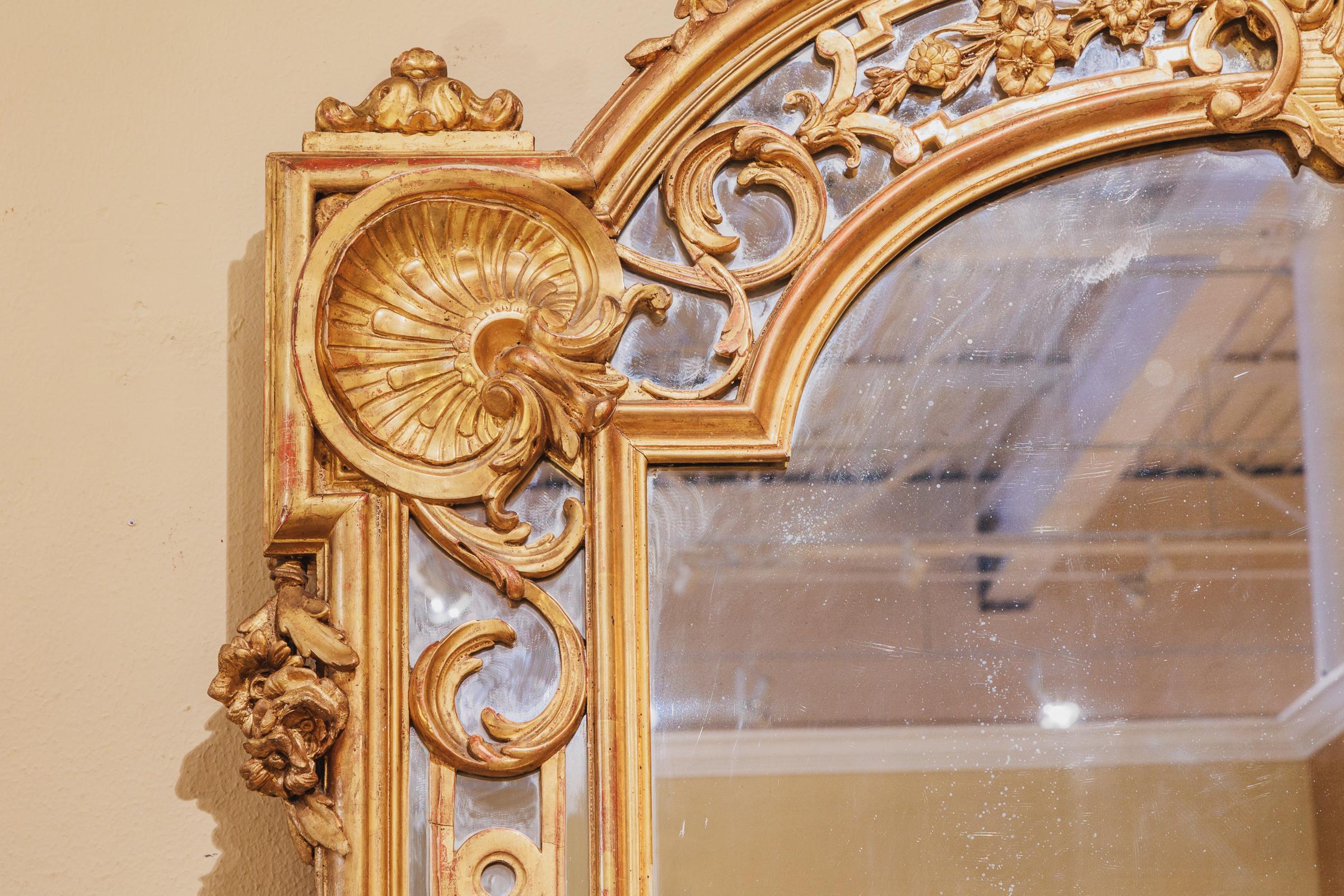 French Fine Large 19th Century Regence Gilded and Hand Carved Large Mirror For Sale