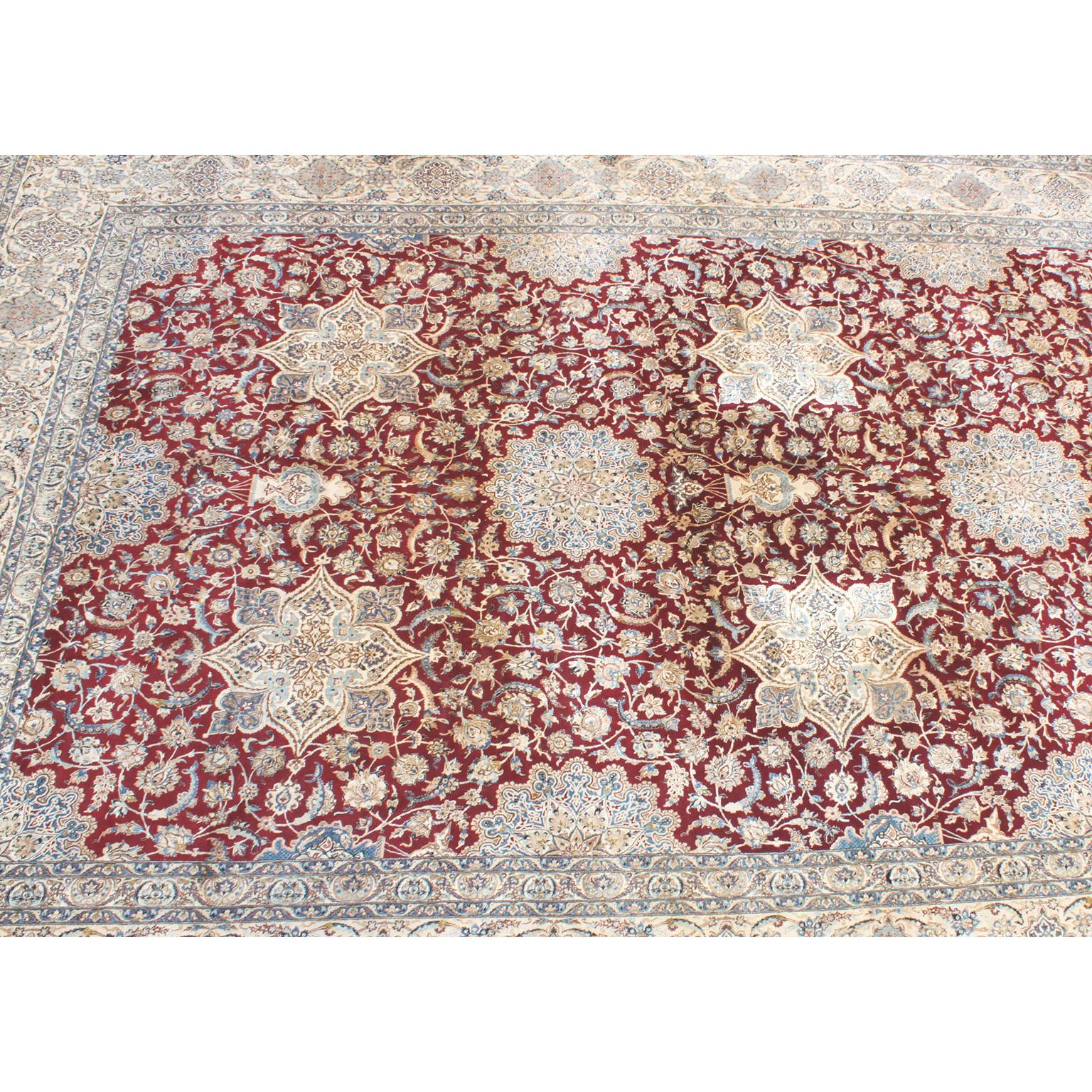 Islamic Fine Large and Palatial Persian Nain Hand-Knotted Wool and Silk Pile Area Rug For Sale