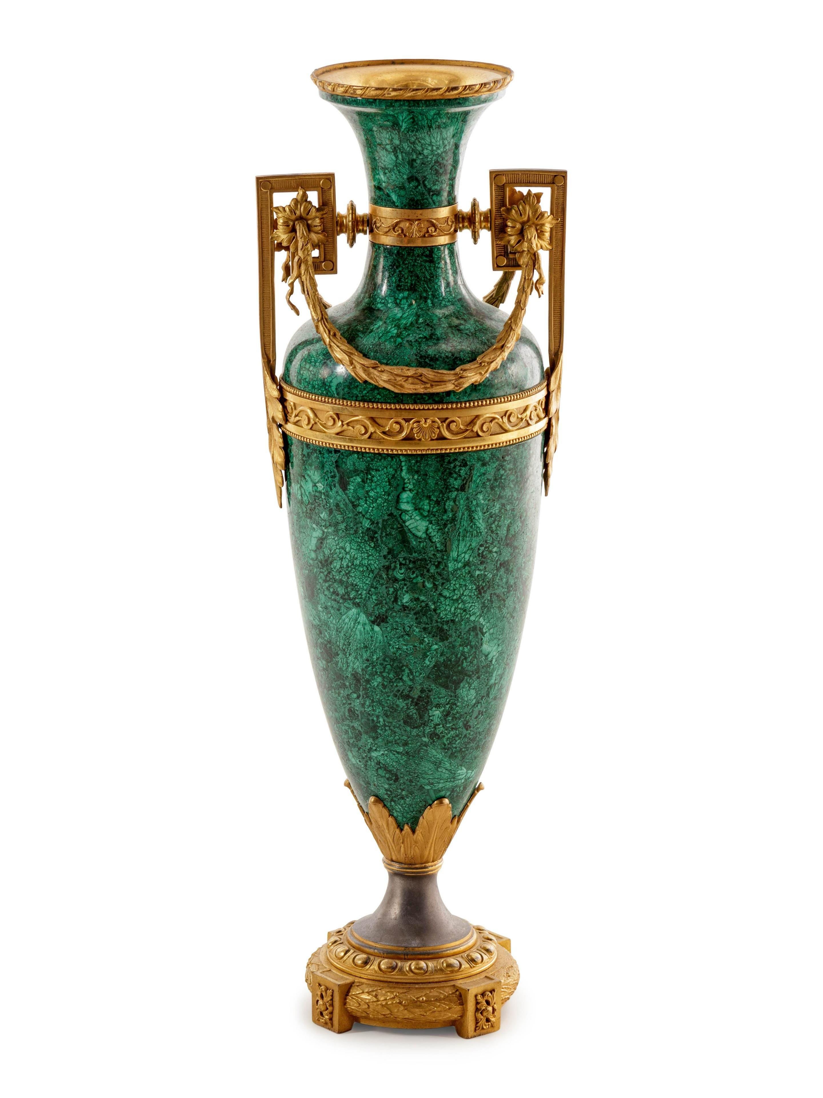 French Fine Large Early 20th C Louis XVI Style Gilt Bronze Mounted Malachite Urn For Sale