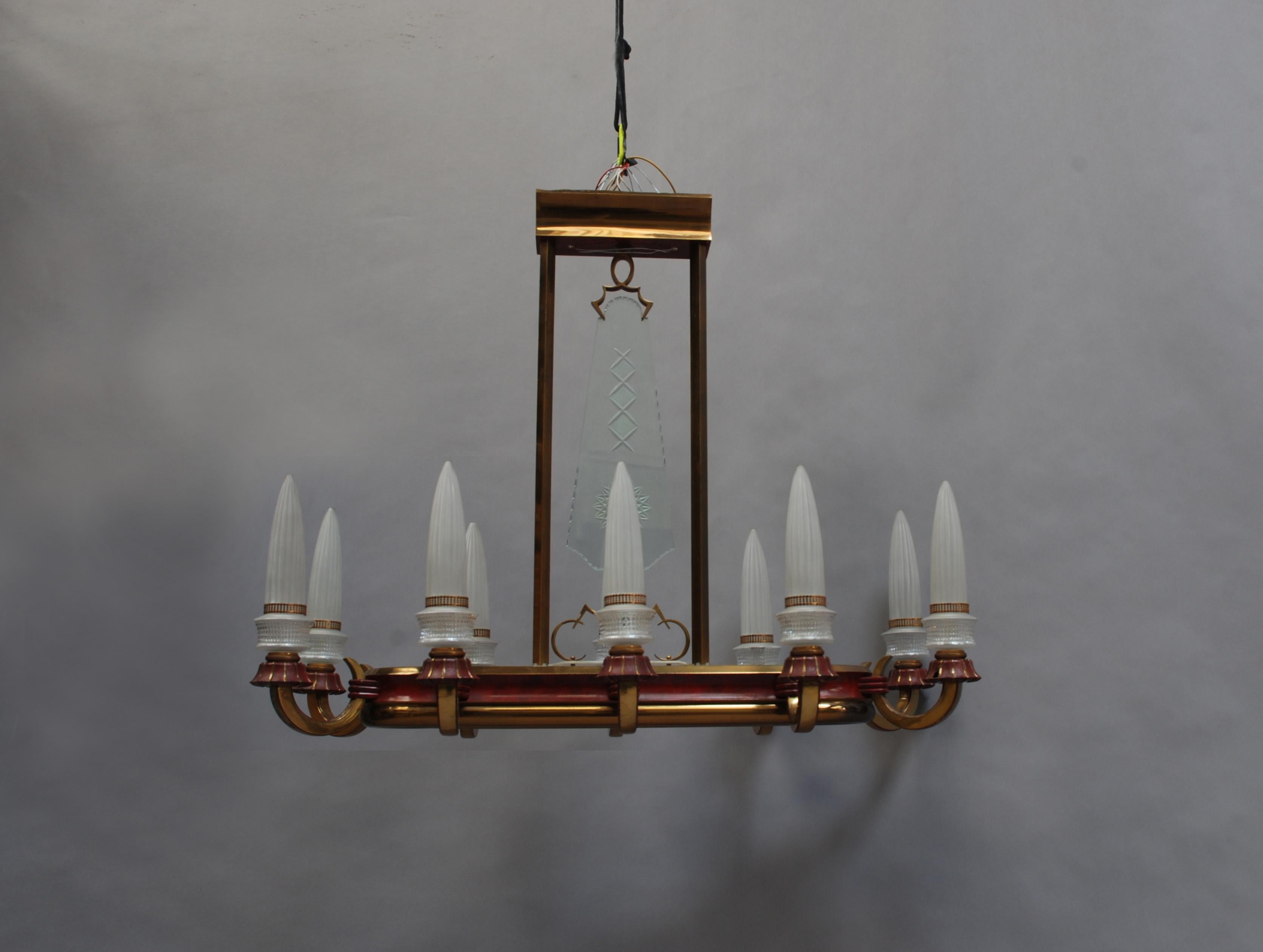 A Fine Large French 1950s Brass and Glass Chandelier For Sale