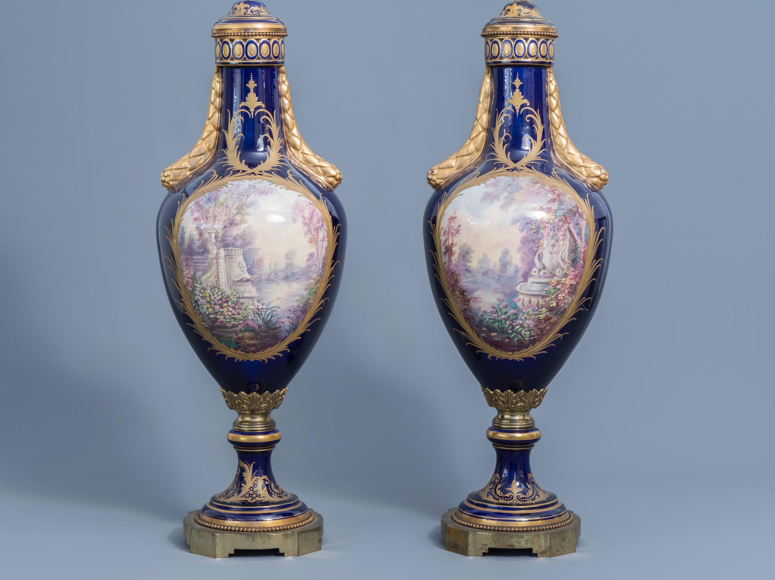 Fine Large French Sevres Style Porcelain Vases Decorated with Gallant Scenes In Good Condition In London, GB