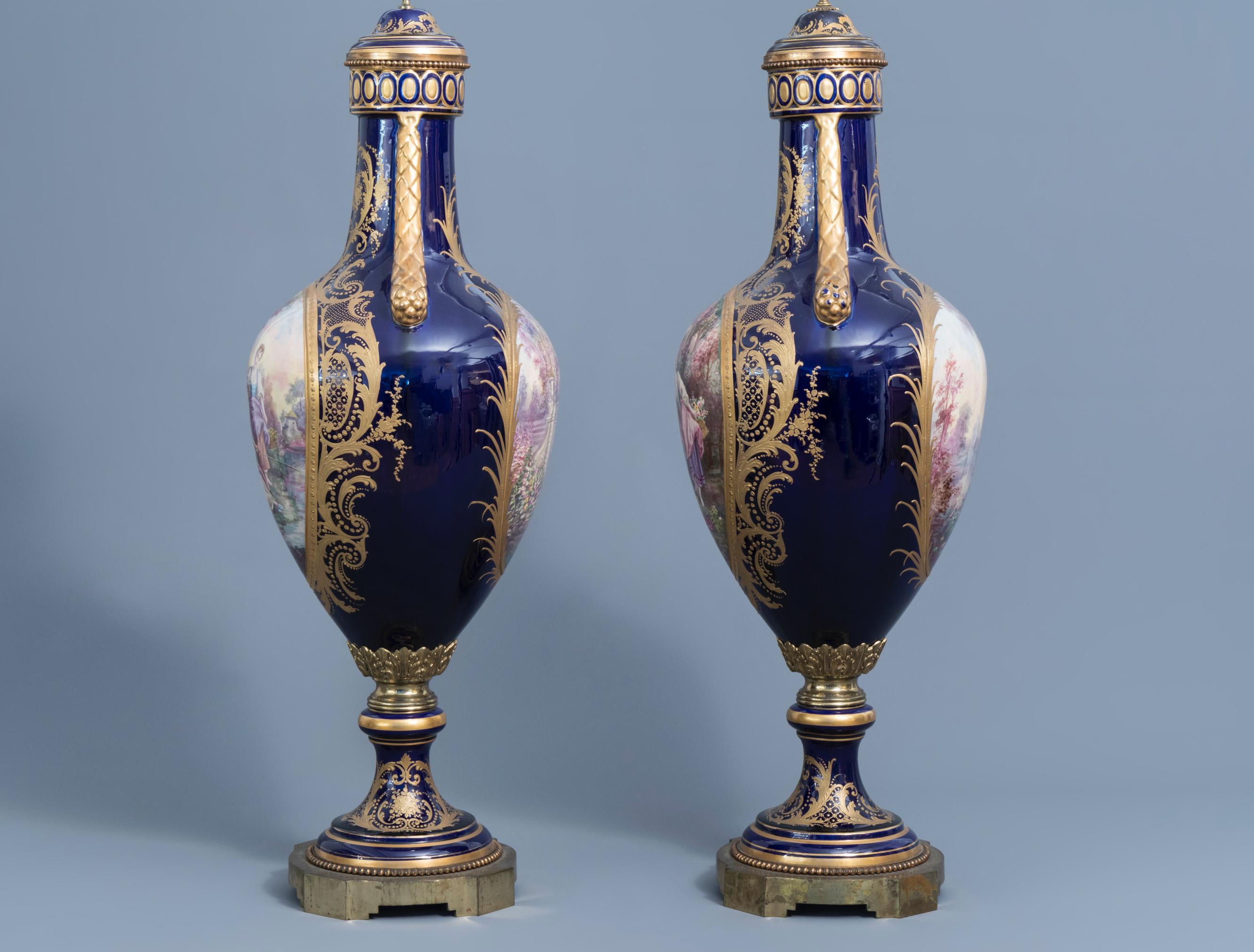 19th Century Fine Large French Sevres Style Porcelain Vases Decorated with Gallant Scenes