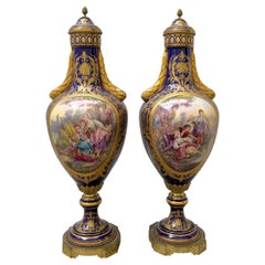 Fine Large French Sevres Style Porcelain Vases Decorated with Gallant Scenes
